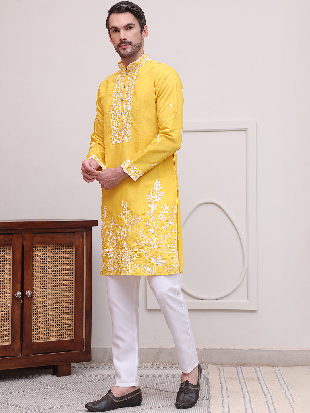 Floral Embroidered Kurta Pyjama Set ( JOKP P 5100Yellow )