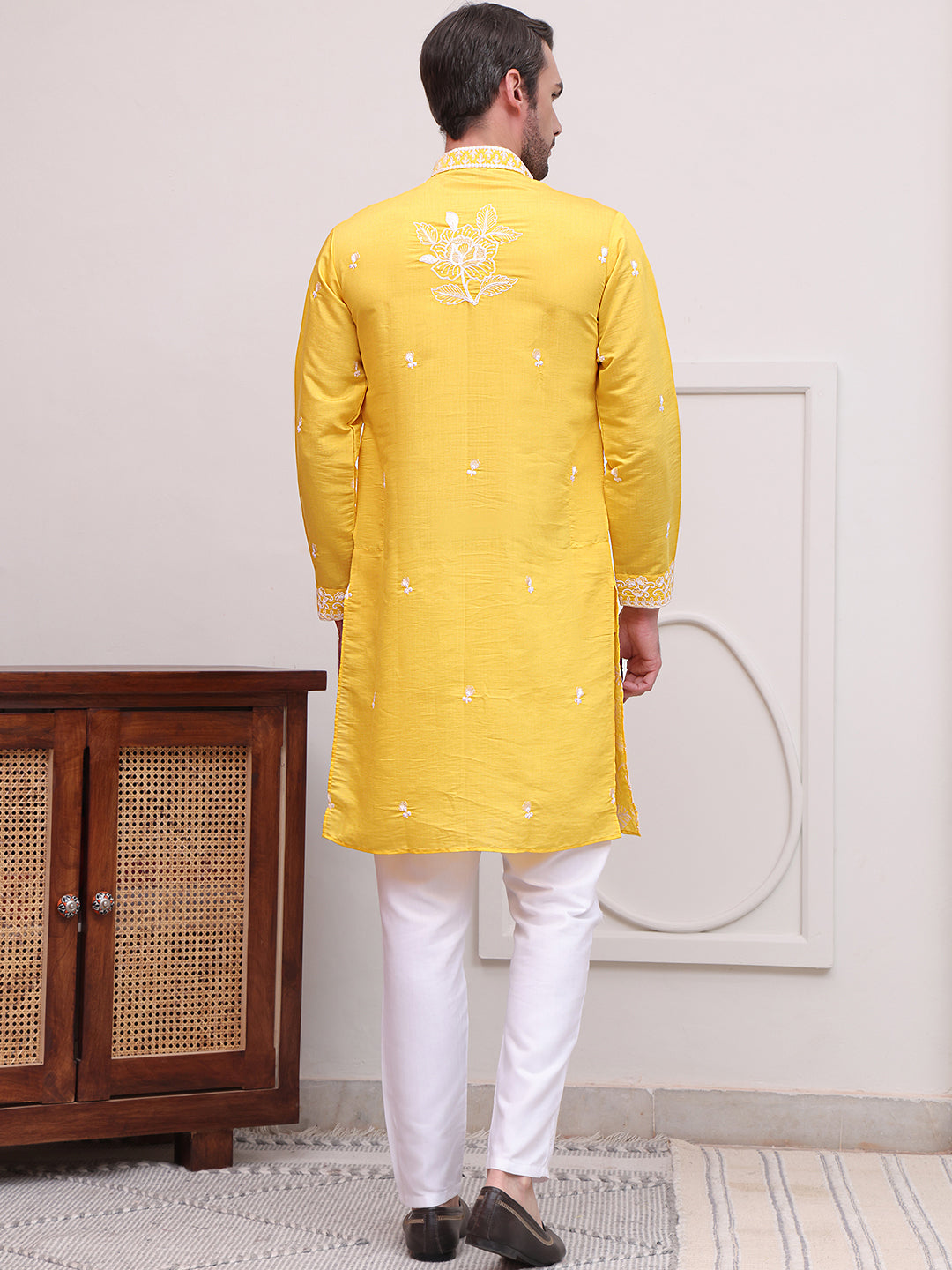 Floral Embroidered Kurta Pyjama Set ( JOKP P 5100Yellow )