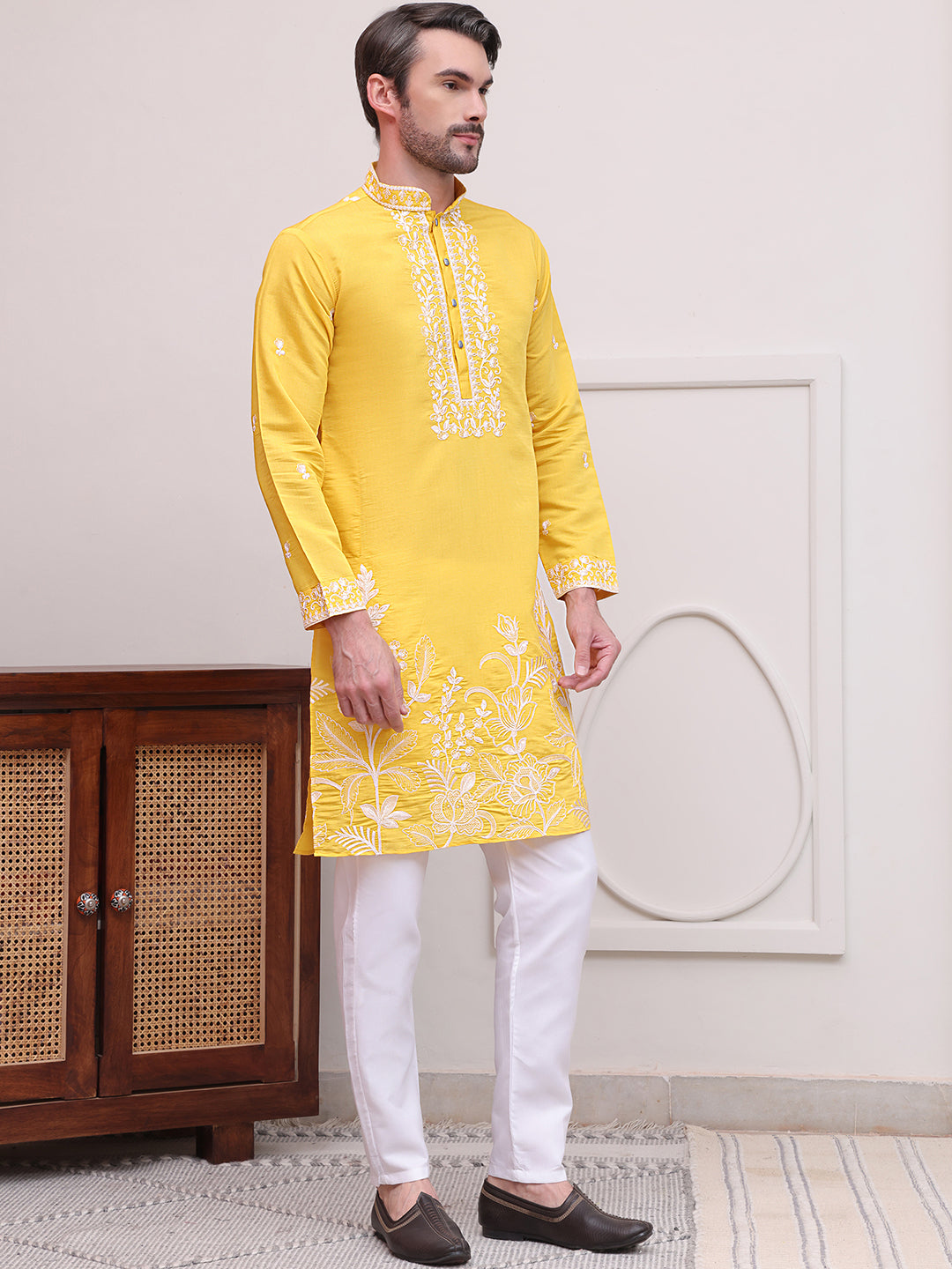 Floral Embroidered Kurta Pyjama Set ( JOKP P 5100Yellow )