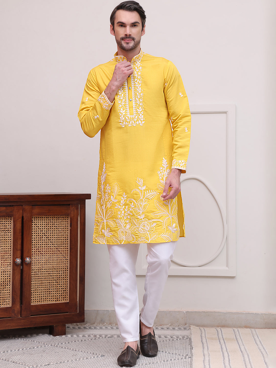 Floral Embroidered Kurta Pyjama Set ( JOKP P 5100Yellow )
