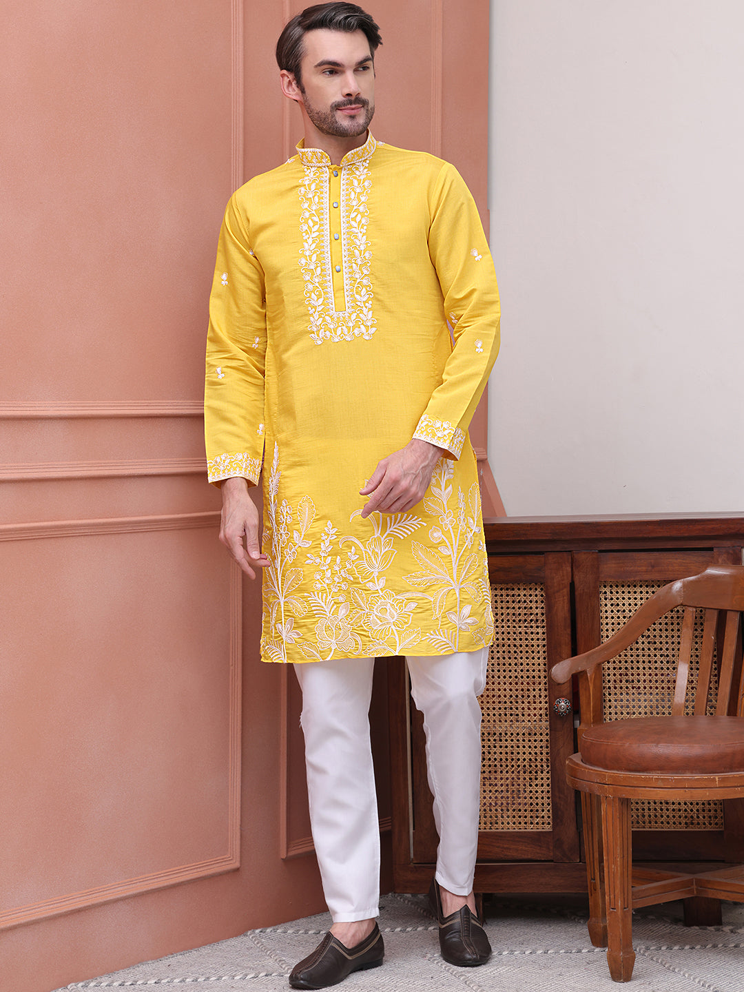 Floral Embroidered Kurta Pyjama Set ( JOKP P 5100Yellow )