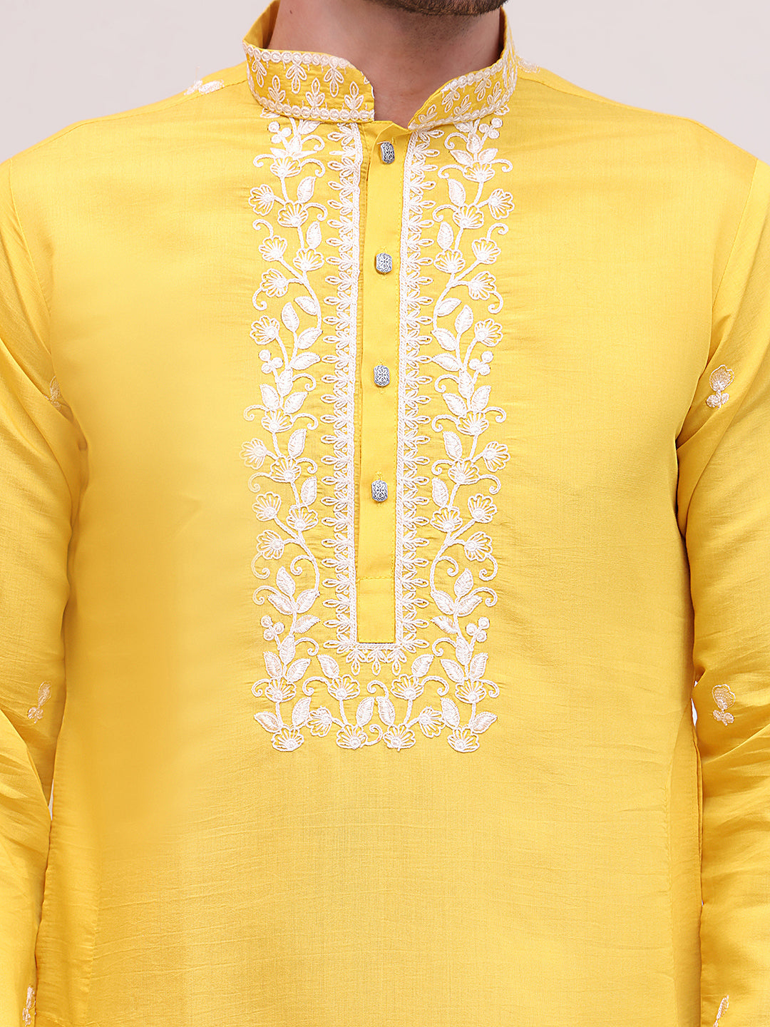 Floral Embroidered Kurta Pyjama Set ( JOKP P 5100Yellow )