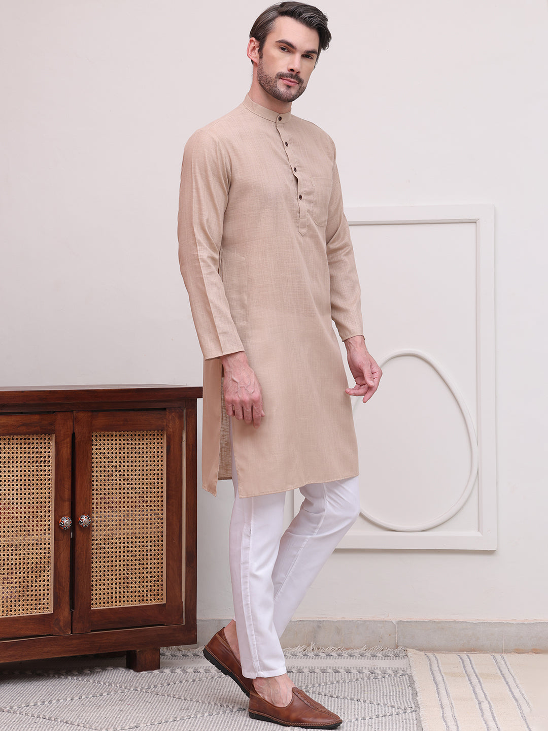 Pure Cotton Solid Kurta Pyjama Set ( JOKP P 5101Beige )