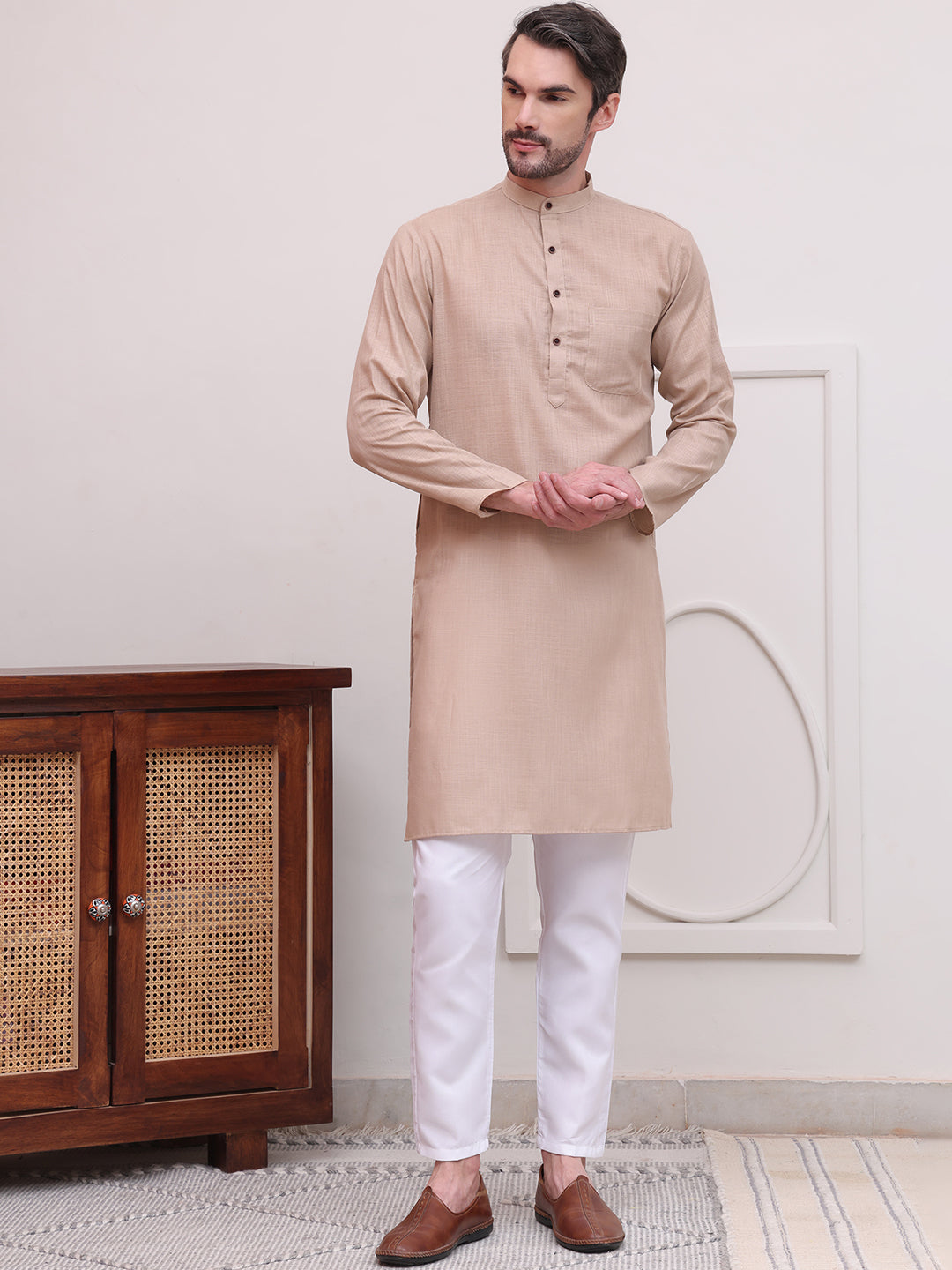 Pure Cotton Solid Kurta Pyjama Set ( JOKP P 5101Beige )