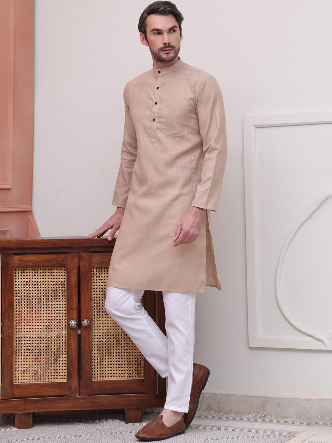 Pure Cotton Solid Kurta Pyjama Set ( JOKP P 5101Beige )