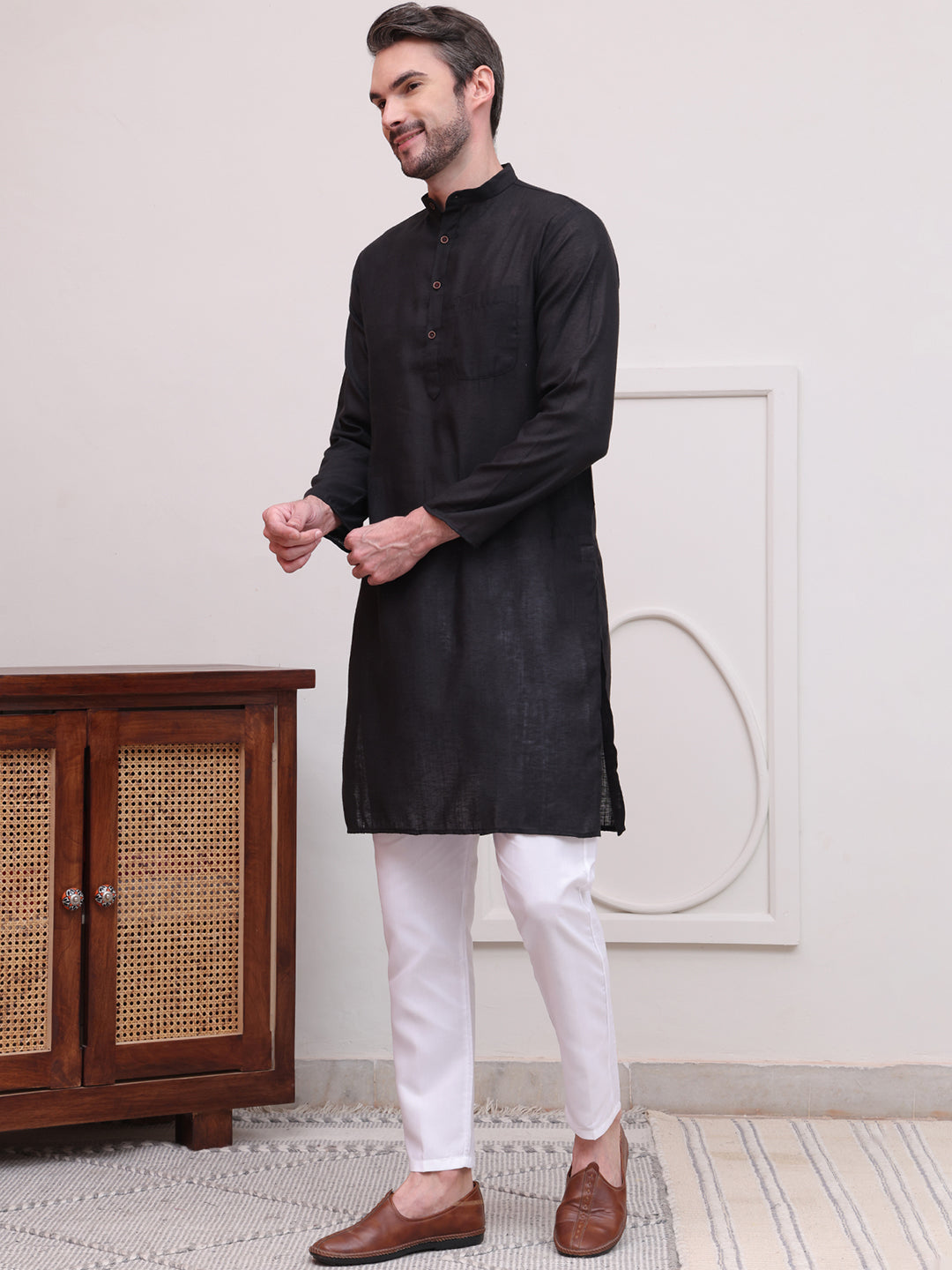 Pure Cotton Solid Kurta Pyjama Set ( JOKP P 5101Black )