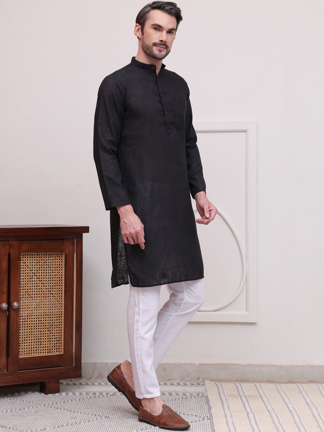 Pure Cotton Solid Kurta Pyjama Set ( JOKP P 5101Black )