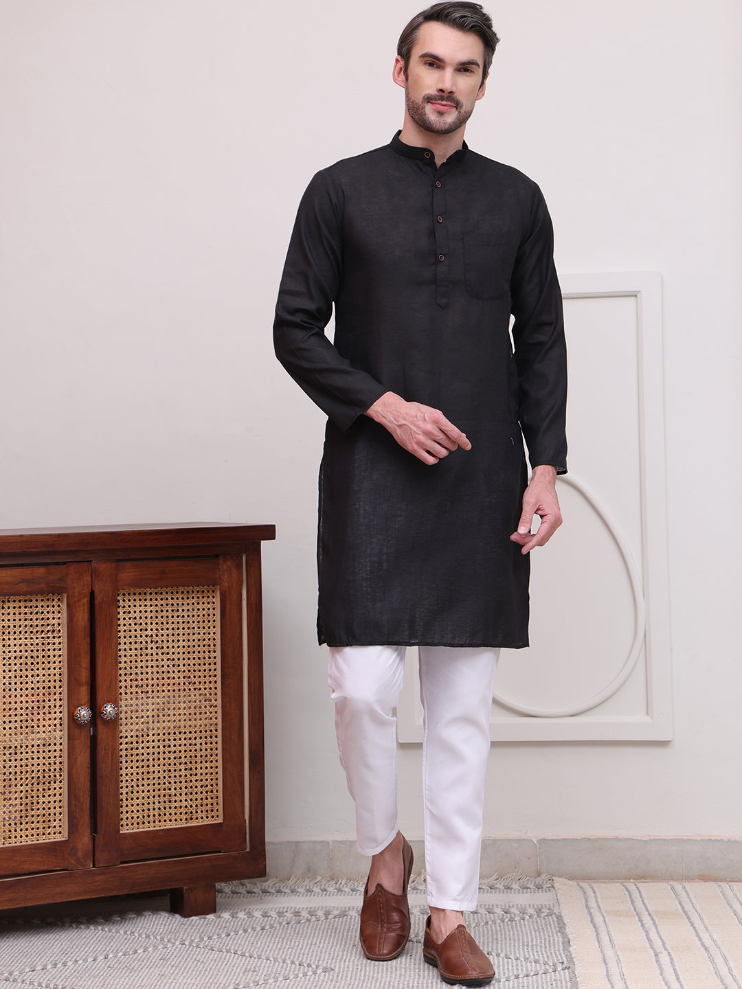 Pure Cotton Solid Kurta Pyjama Set ( JOKP P 5101Black )