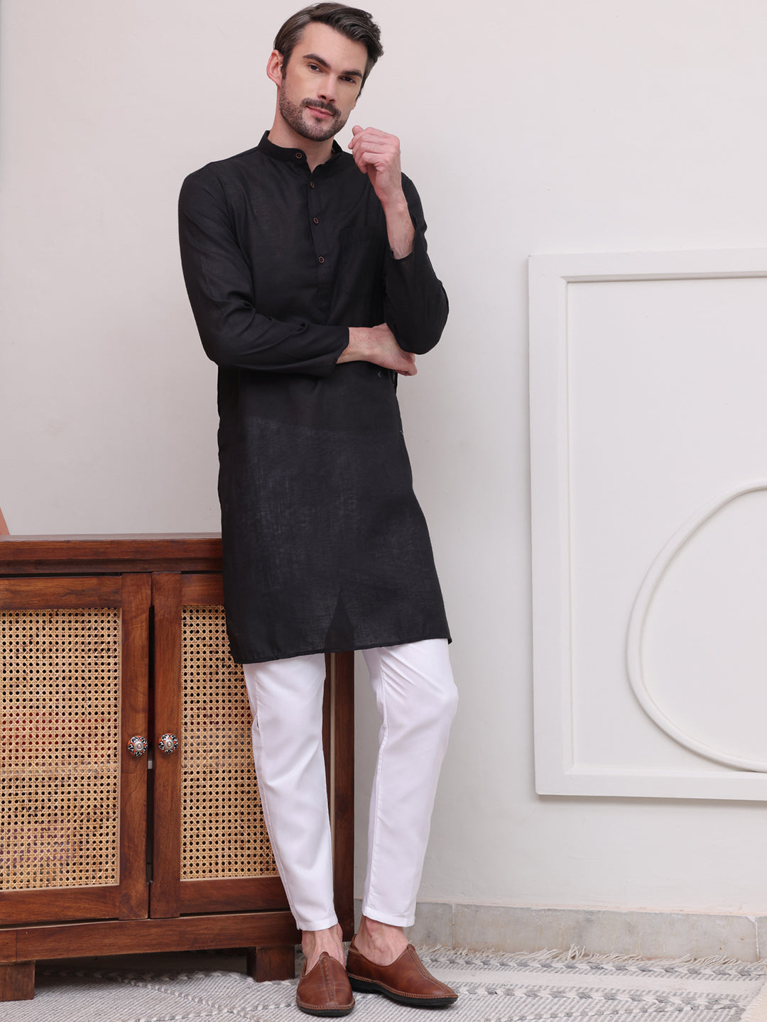 Pure Cotton Solid Kurta Pyjama Set ( JOKP P 5101Black )