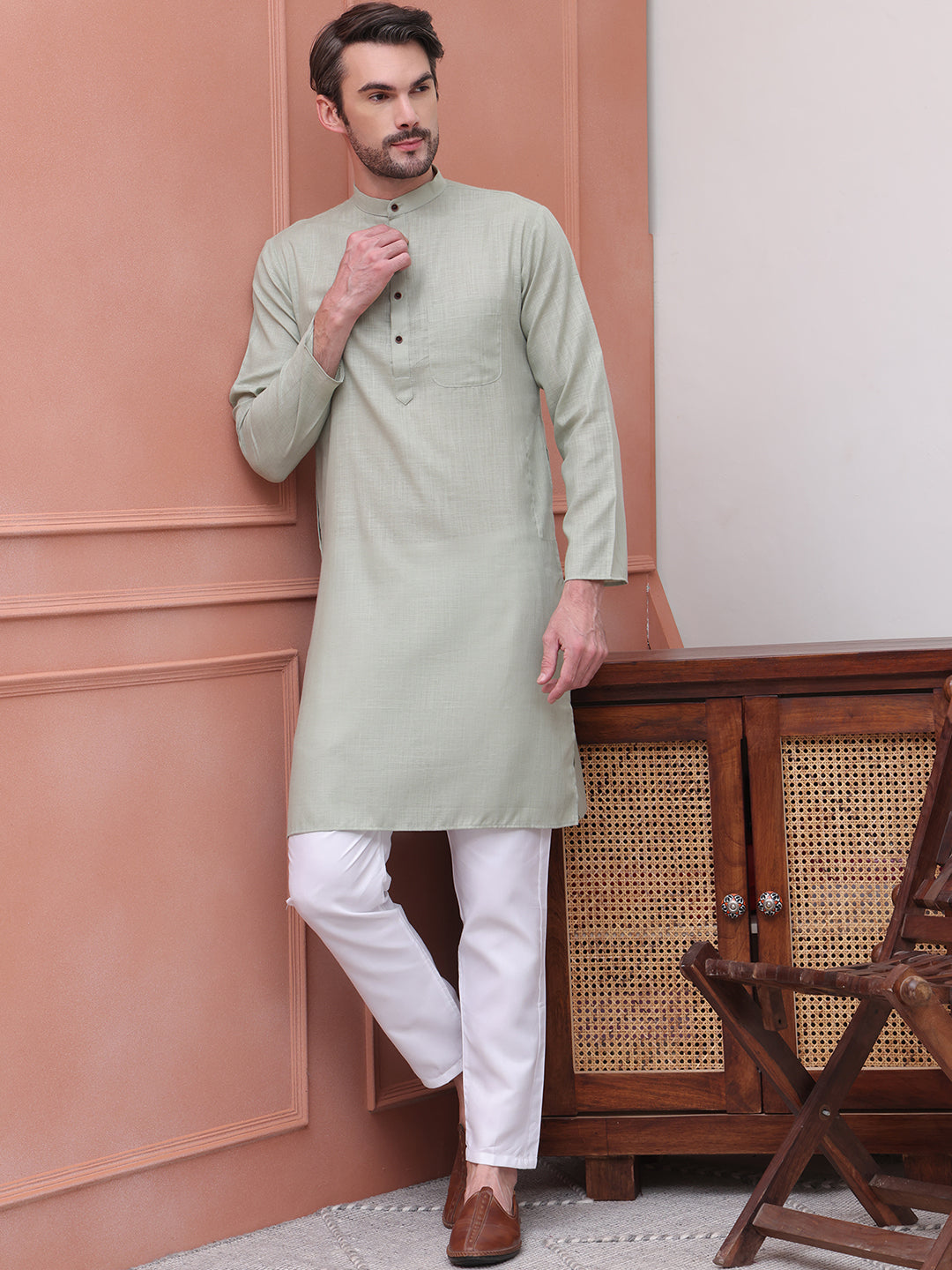 Pure Cotton Solid Kurta Pyjama Set ( JOKP P 5101Pista )