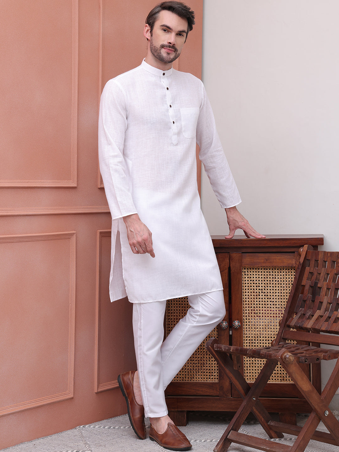 Pure Cotton Solid Kurta Pyjama Set ( JOKP P 5101White )