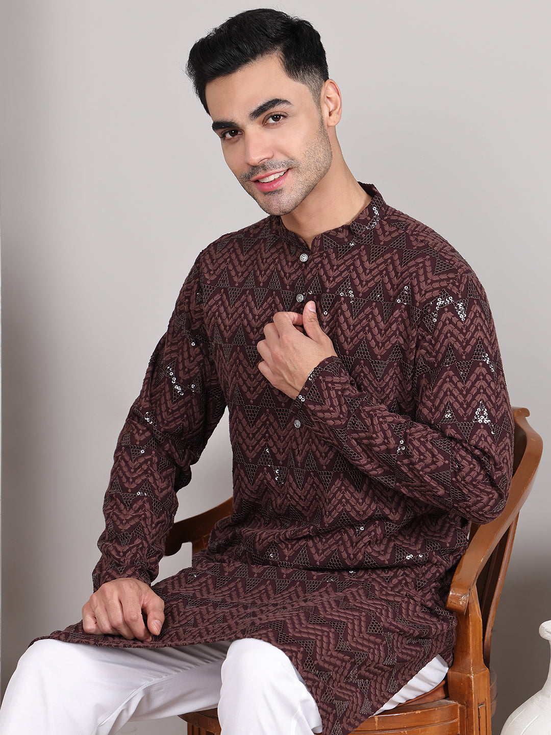 Sequin & Embroidered Kurta with Pyjamas ( JOKP P 5107Coffee ) [FF] [N-1]