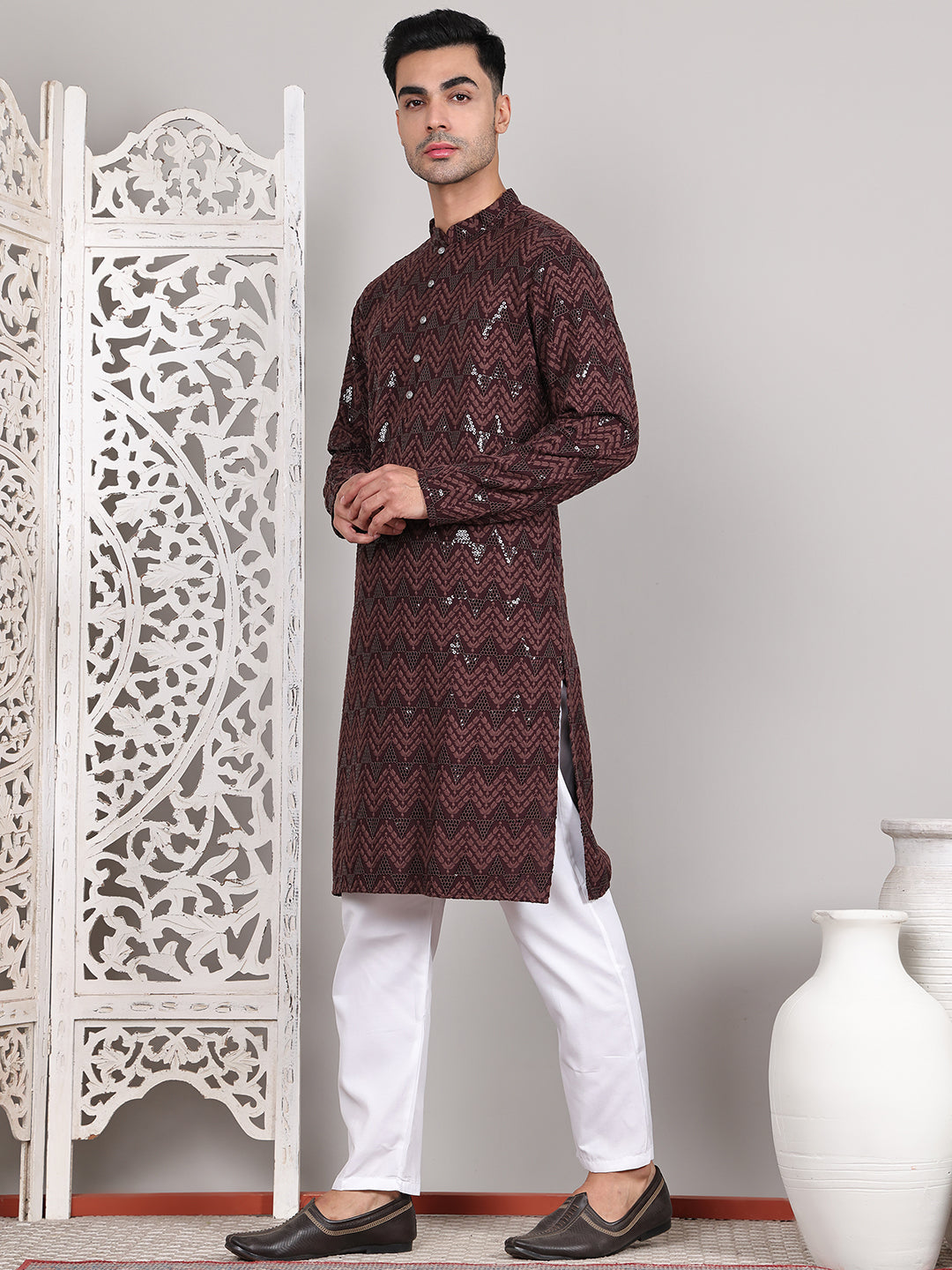 Sequin & Embroidered Kurta with Pyjamas ( JOKP P 5107Coffee ) [FF] [N-1]