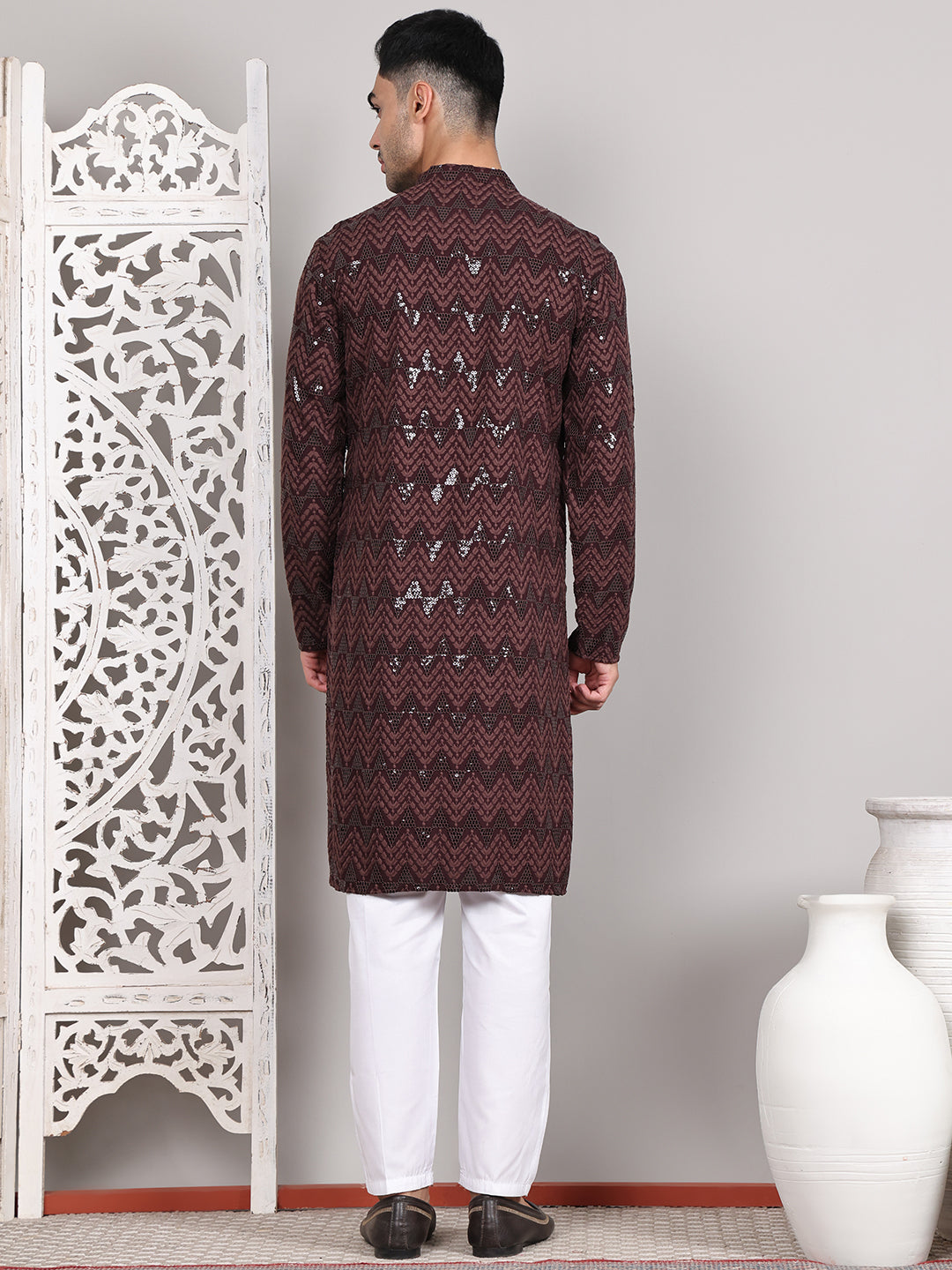 Sequin & Embroidered Kurta with Pyjamas ( JOKP P 5107Coffee ) [FF] [N-1]