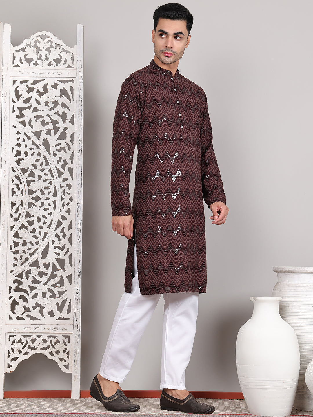 Sequin & Embroidered Kurta with Pyjamas ( JOKP P 5107Coffee ) [FF] [N-1]