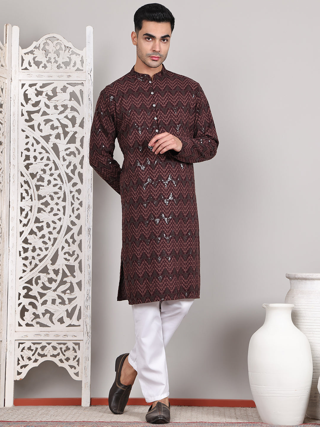 Sequin & Embroidered Kurta with Pyjamas ( JOKP P 5107Coffee ) [FF] [N-1]