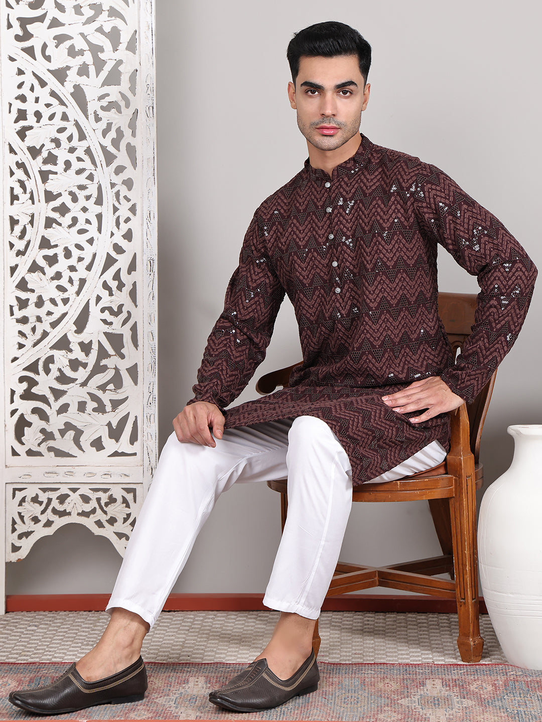 Sequin & Embroidered Kurta with Pyjamas ( JOKP P 5107Coffee ) [FF] [N-1]
