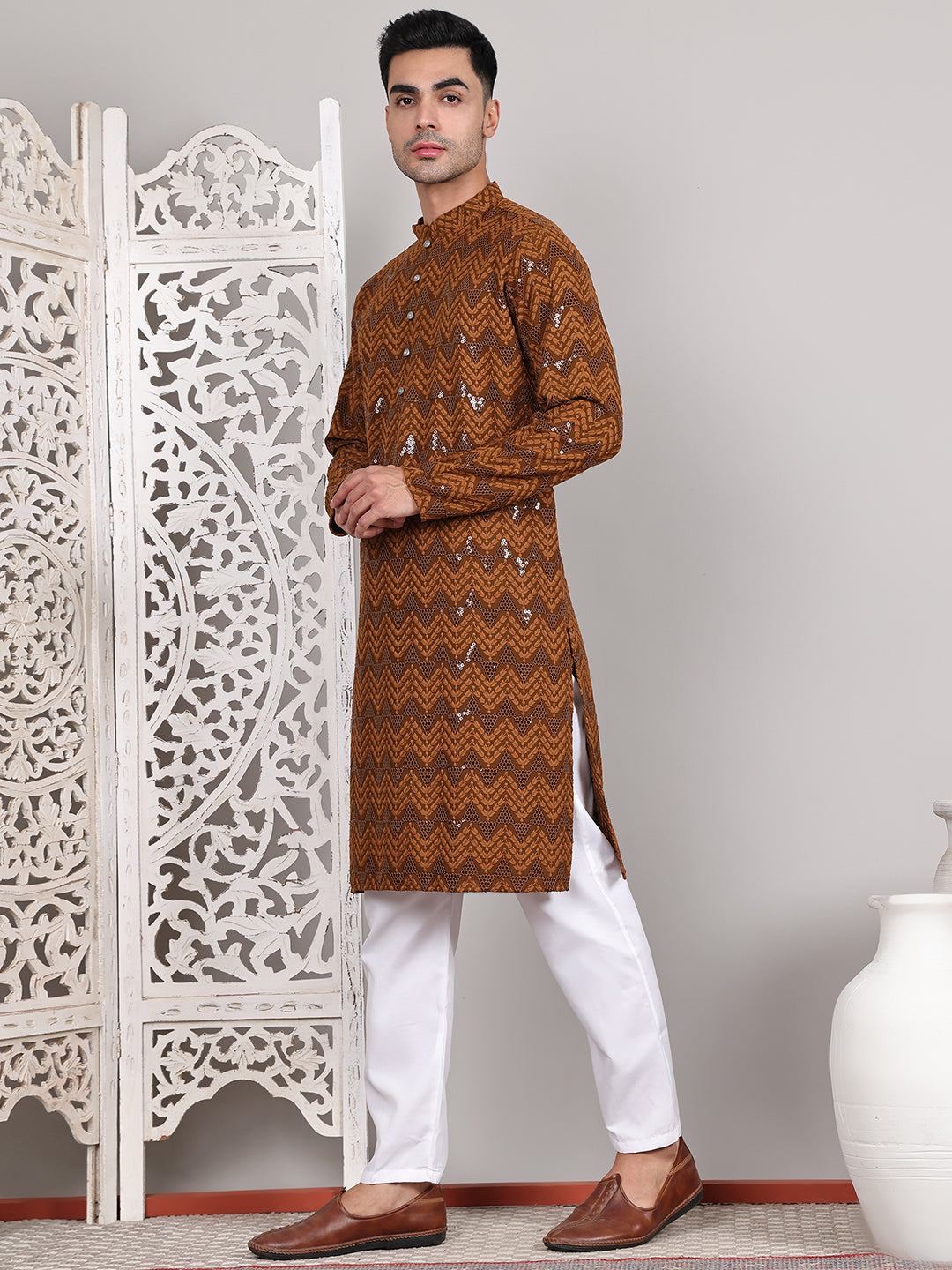 Sequin & Embroidered Kurta with Pyjamas ( JOKP P 5107Mustard ) [FF] [N-1]