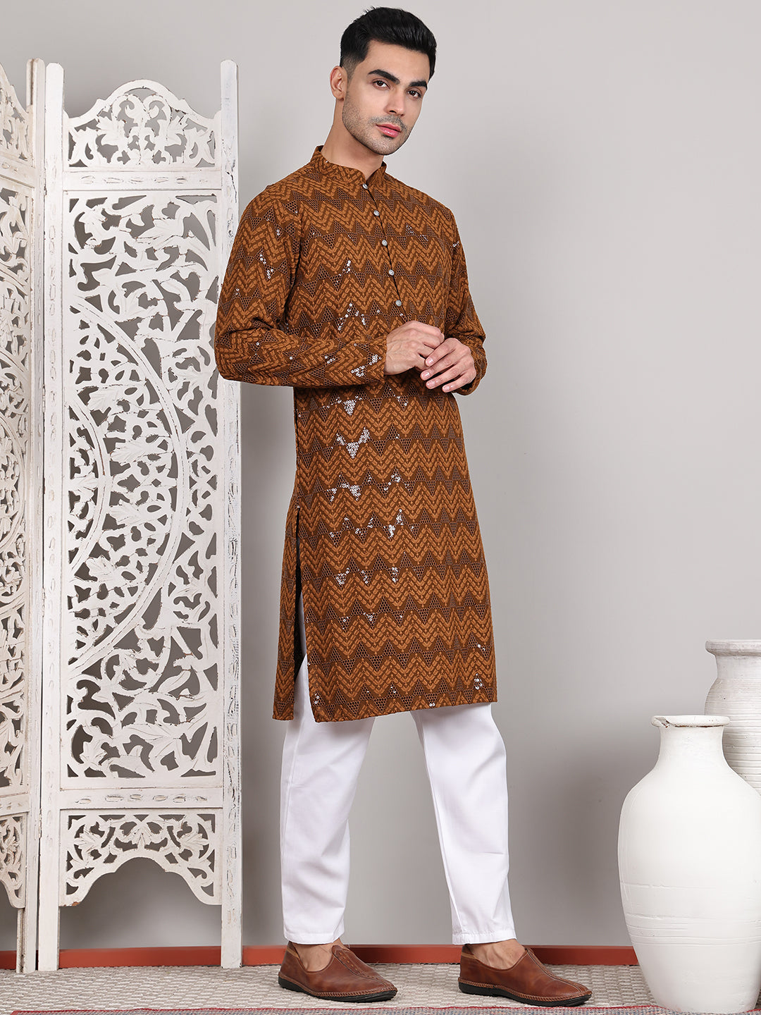 Sequin & Embroidered Kurta with Pyjamas ( JOKP P 5107Mustard ) [FF] [N-1]