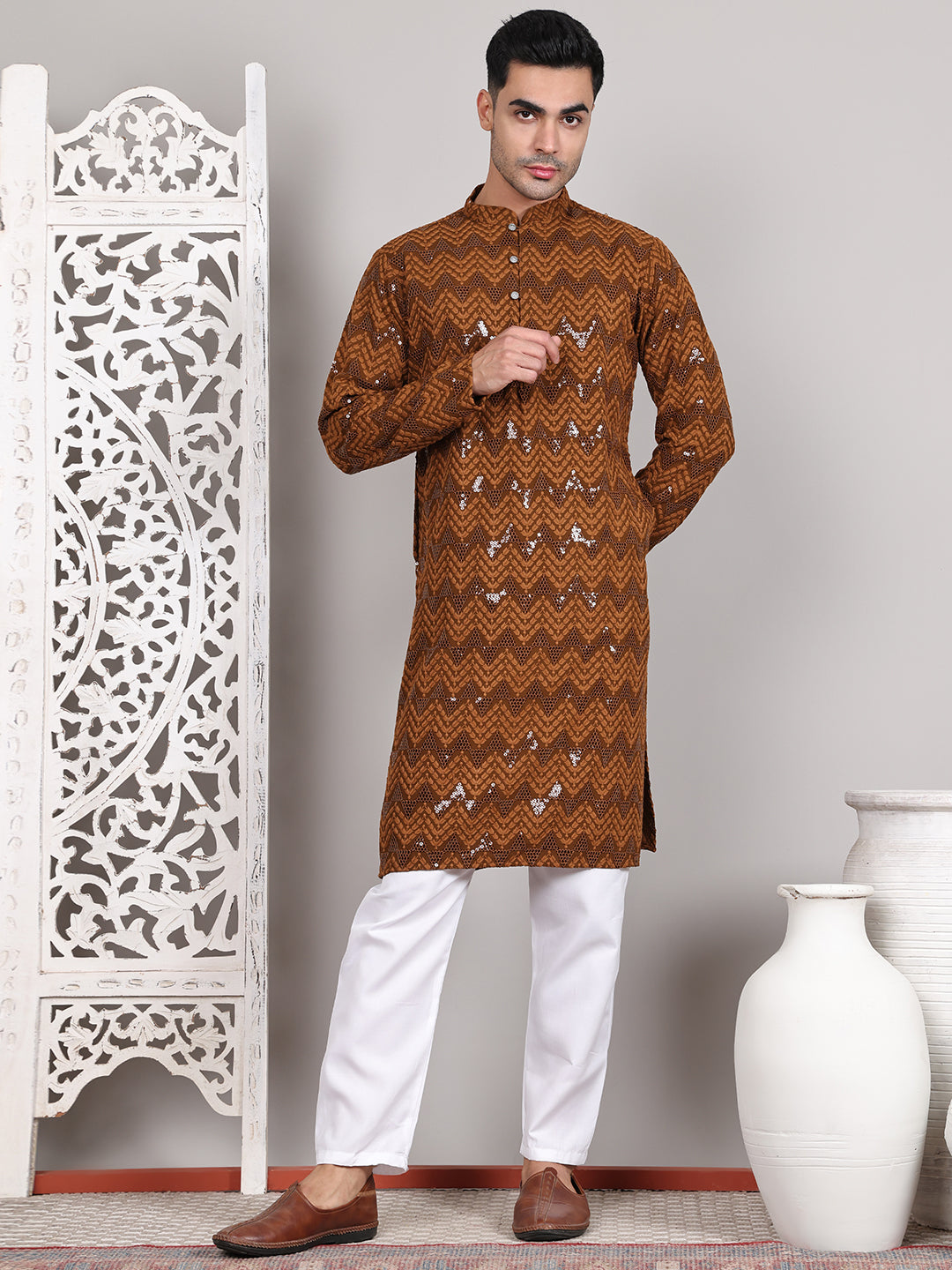 Sequin & Embroidered Kurta with Pyjamas ( JOKP P 5107Mustard ) [FF] [N-1]