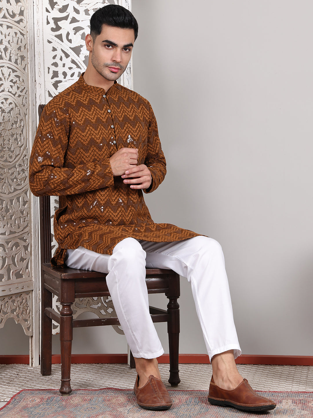 Sequin & Embroidered Kurta with Pyjamas ( JOKP P 5107Mustard ) [FF] [N-1]
