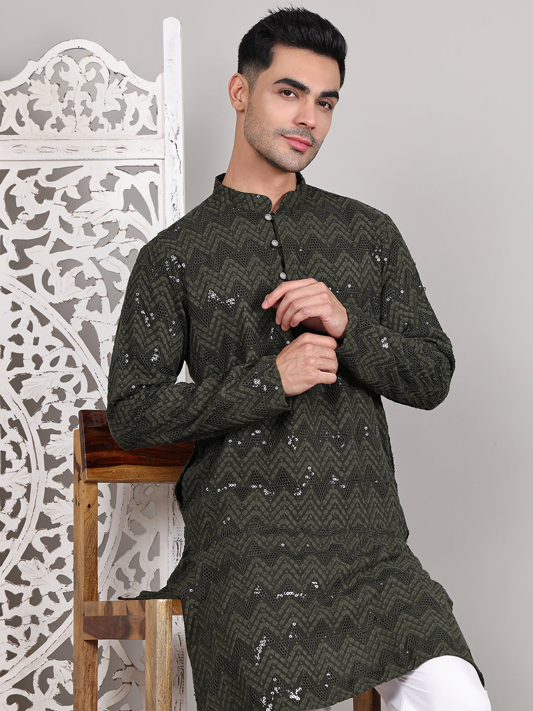 Sequin & Embroidered Kurta with Pyjamas ( JOKP P 5107Olive ) [FF] [N-1]
