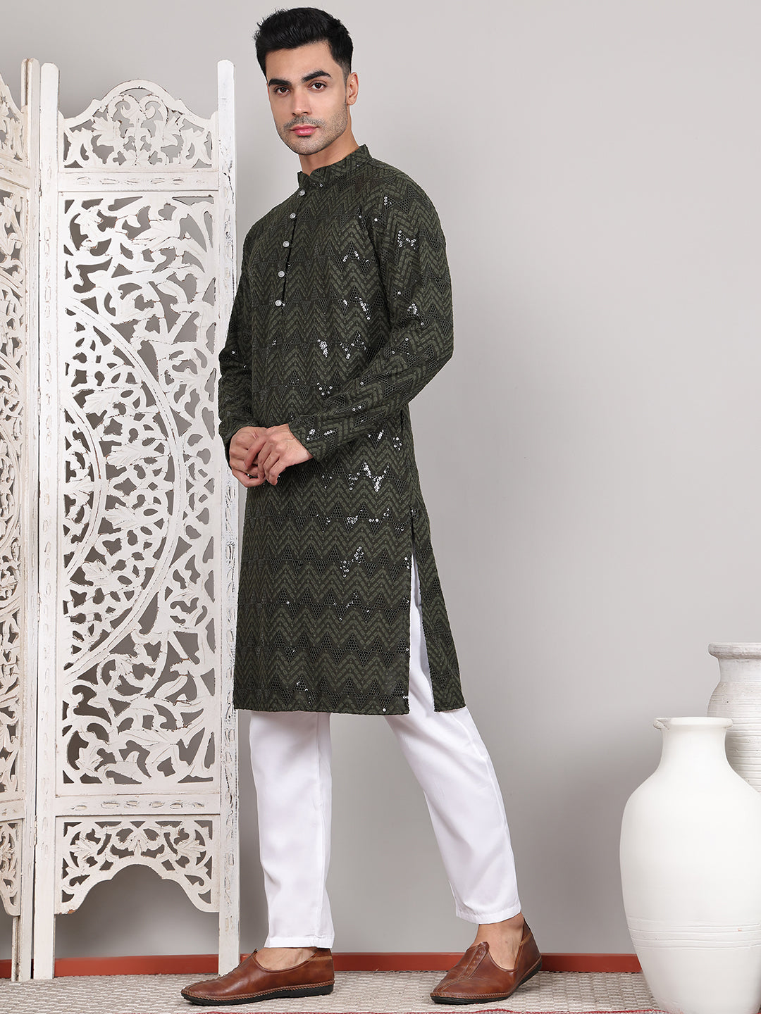 Sequin & Embroidered Kurta with Pyjamas ( JOKP P 5107Olive ) [FF] [N-1]