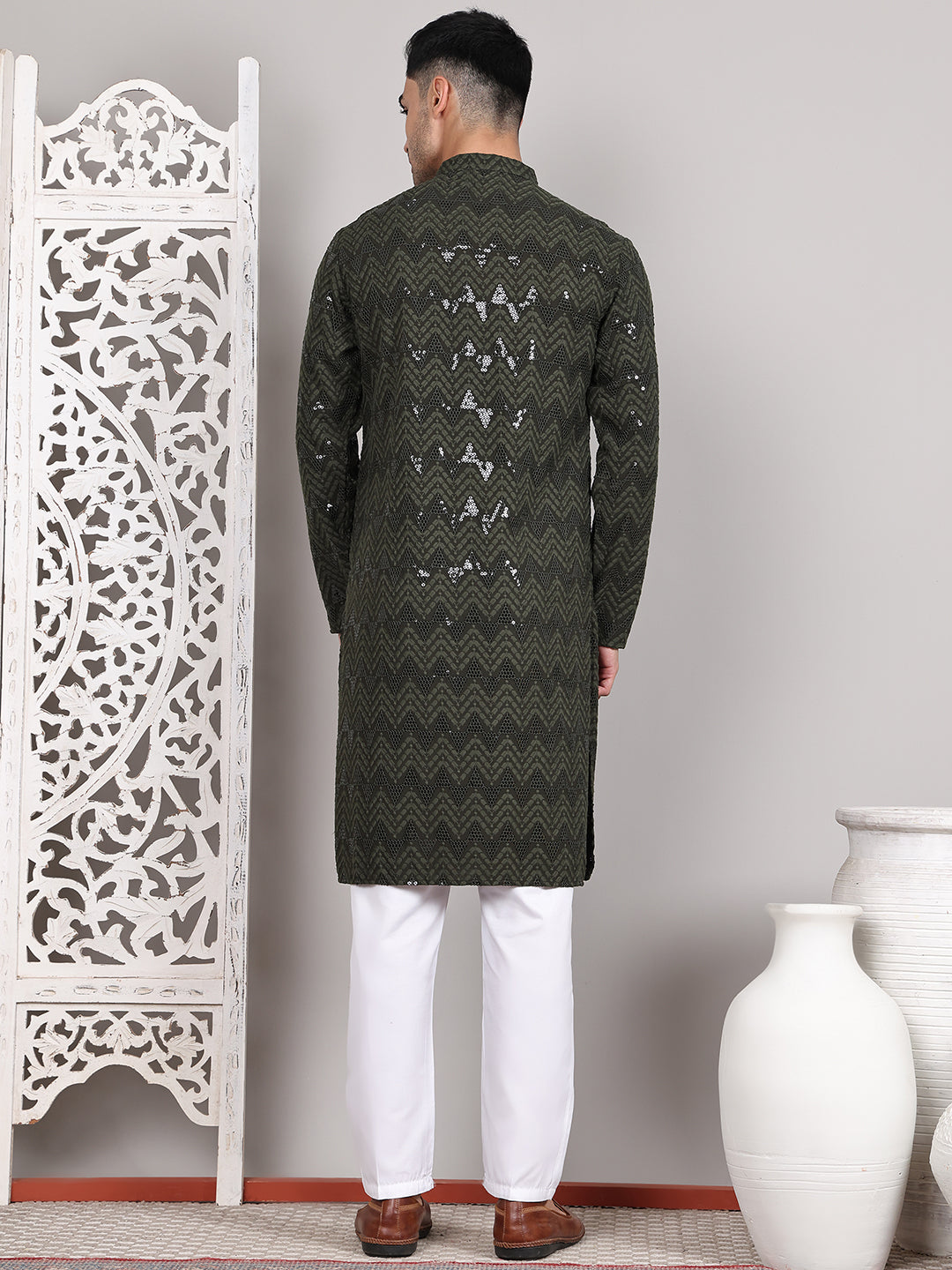 Sequin & Embroidered Kurta with Pyjamas ( JOKP P 5107Olive ) [FF] [N-1]