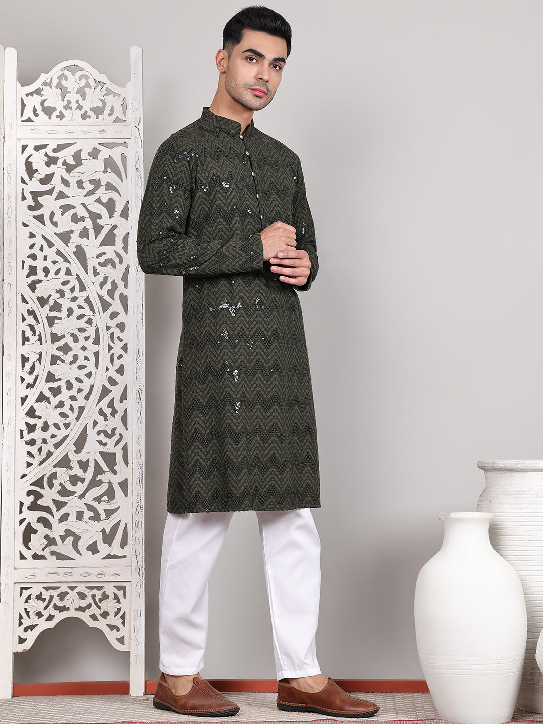 Sequin & Embroidered Kurta with Pyjamas ( JOKP P 5107Olive ) [FF] [N-1]