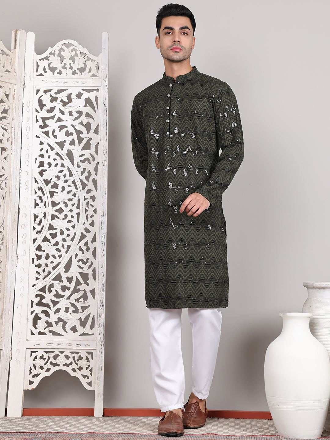 Sequin & Embroidered Kurta with Pyjamas ( JOKP P 5107Olive ) [FF] [N-1]
