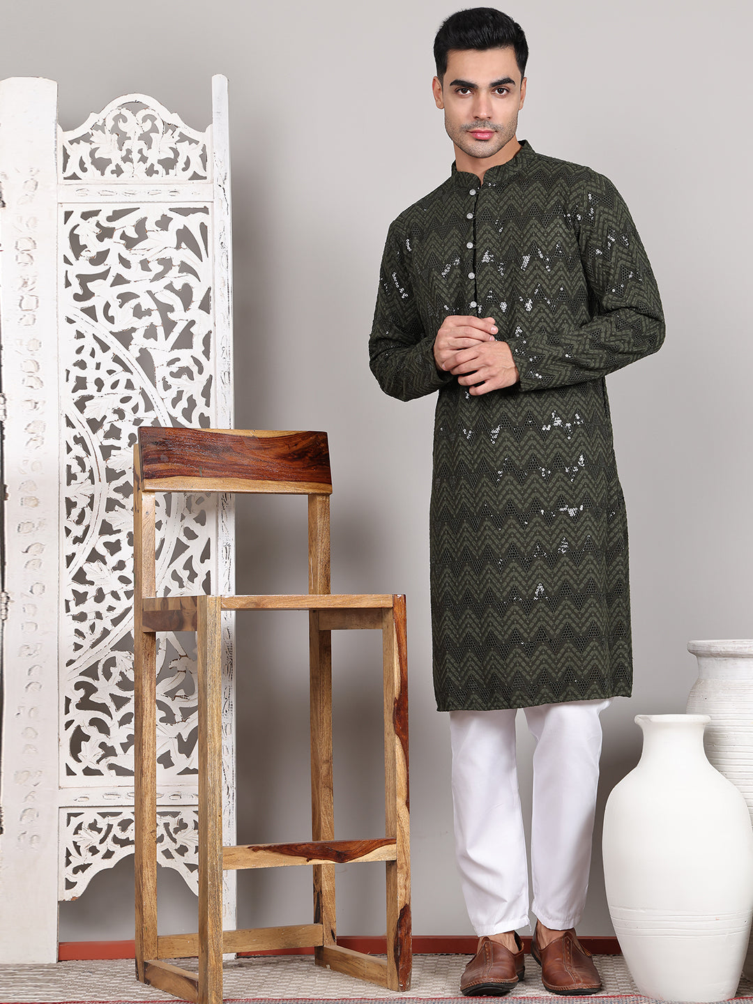 Sequin & Embroidered Kurta with Pyjamas ( JOKP P 5107Olive ) [FF] [N-1]