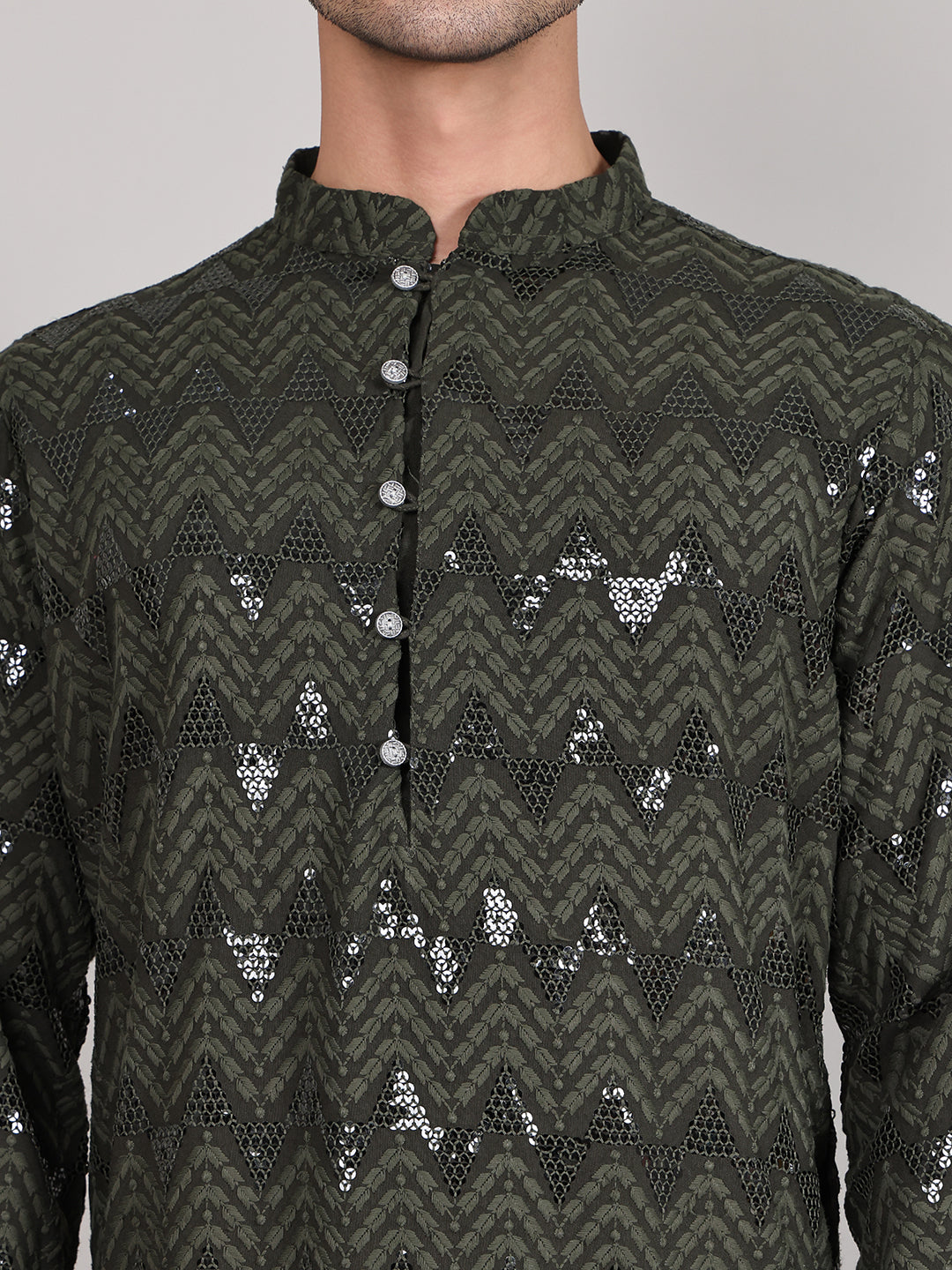 Sequin & Embroidered Kurta with Pyjamas ( JOKP P 5107Olive ) [FF] [N-1]
