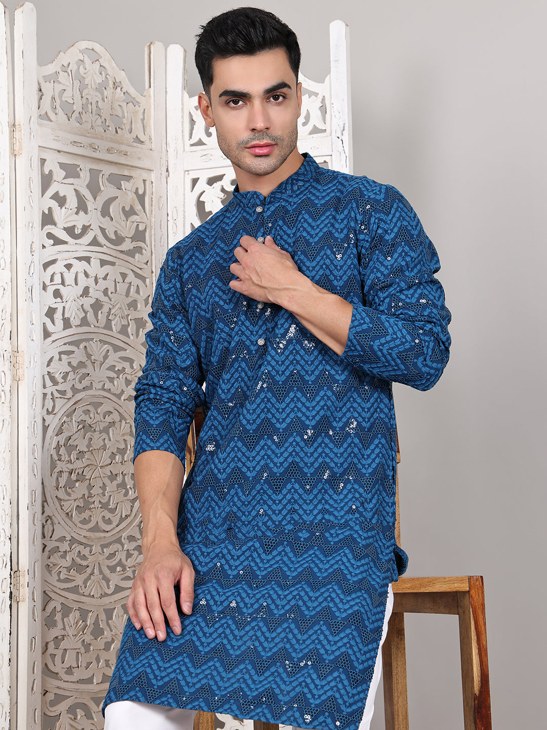 Sequin & Embroidered Kurta with Pyjamas ( JOKP P 5107Peacock ) [FF] [N-1]