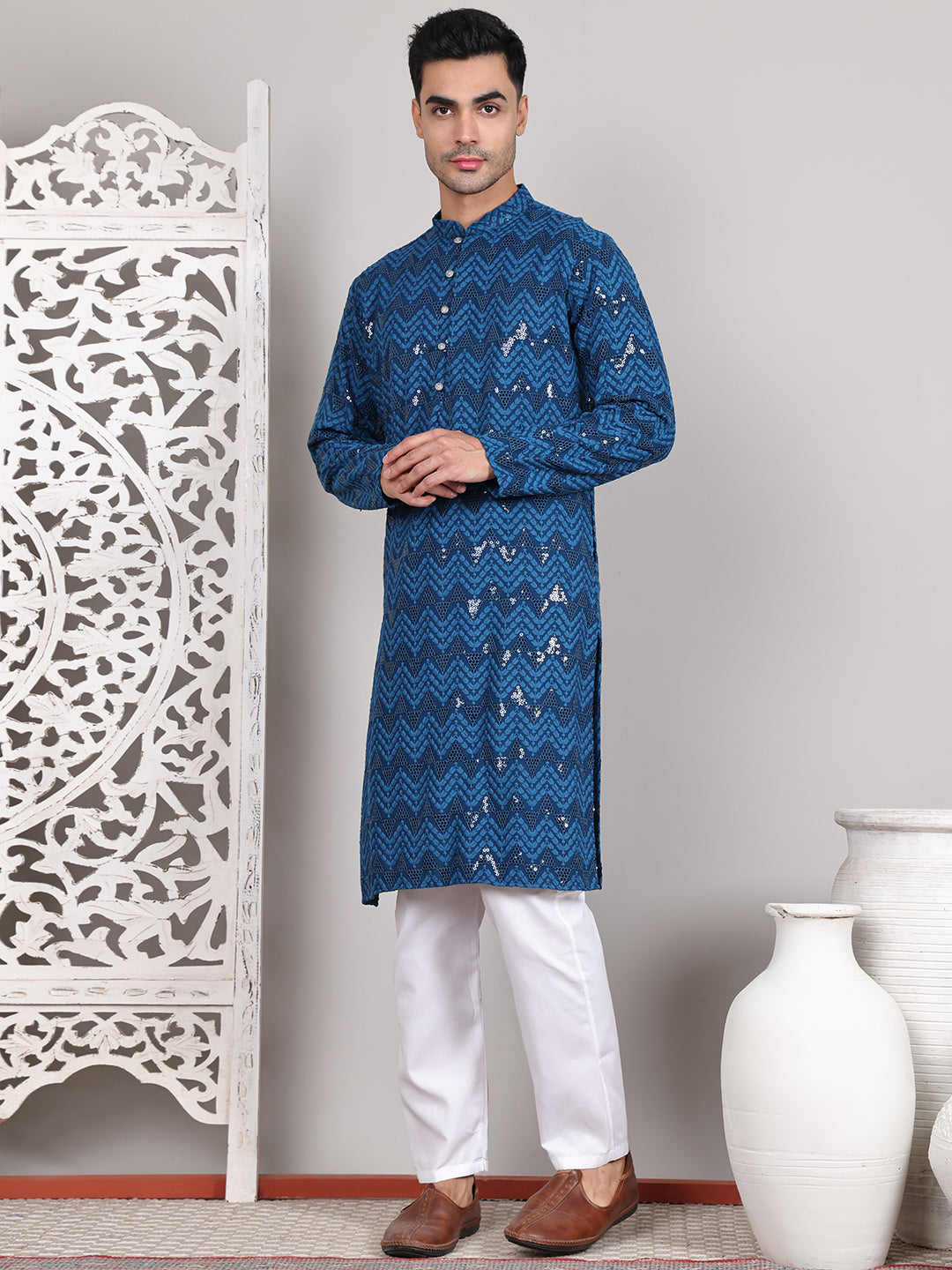 Sequin & Embroidered Kurta with Pyjamas ( JOKP P 5107Peacock ) [FF] [N-1]