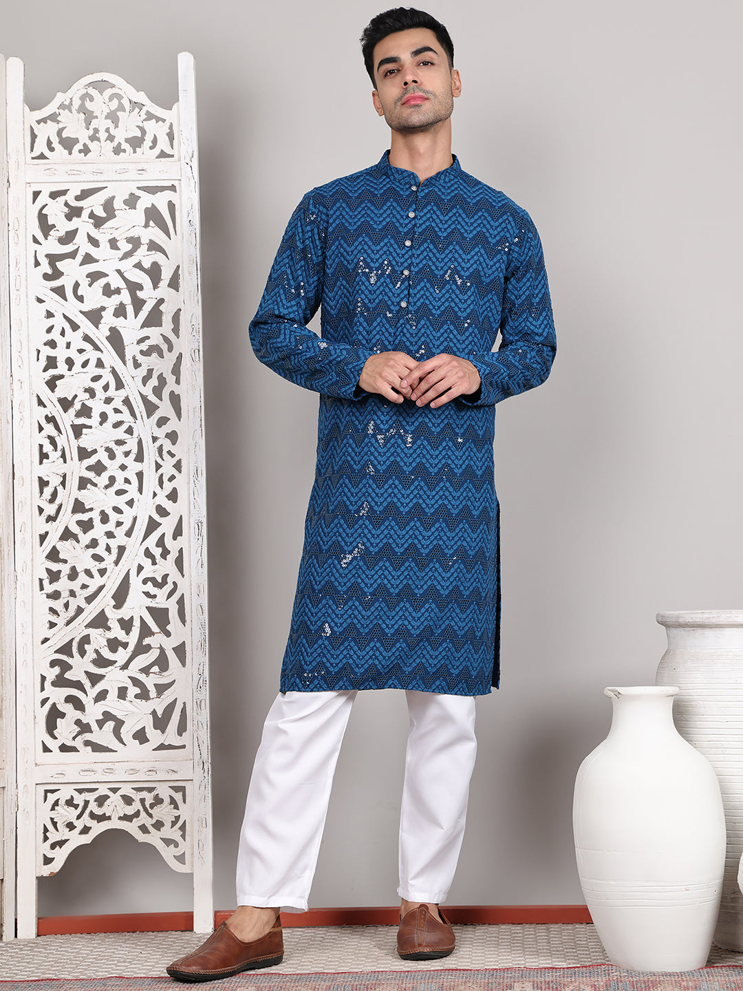 Sequin & Embroidered Kurta with Pyjamas ( JOKP P 5107Peacock ) [FF] [N-1]