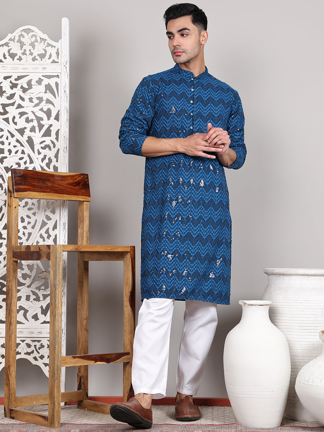 Sequin & Embroidered Kurta with Pyjamas ( JOKP P 5107Peacock ) [FF] [N-1]