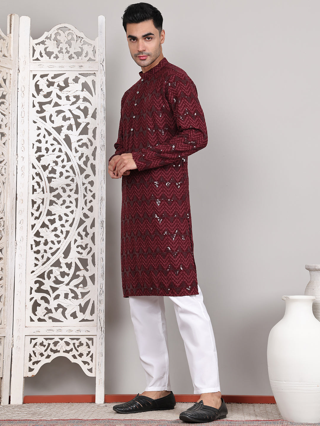 Sequin & Embroidered Kurta with Pyjamas ( JOKP P 5107Wine ) [FF] [N-1]