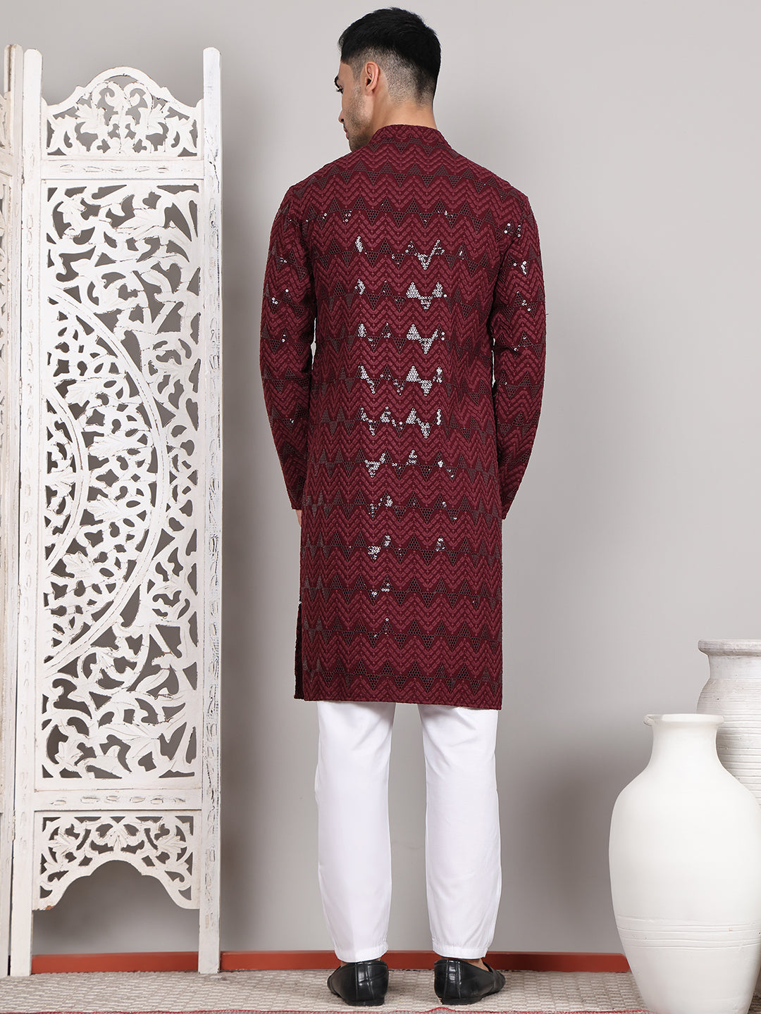 Sequin & Embroidered Kurta with Pyjamas ( JOKP P 5107Wine ) [FF] [N-1]