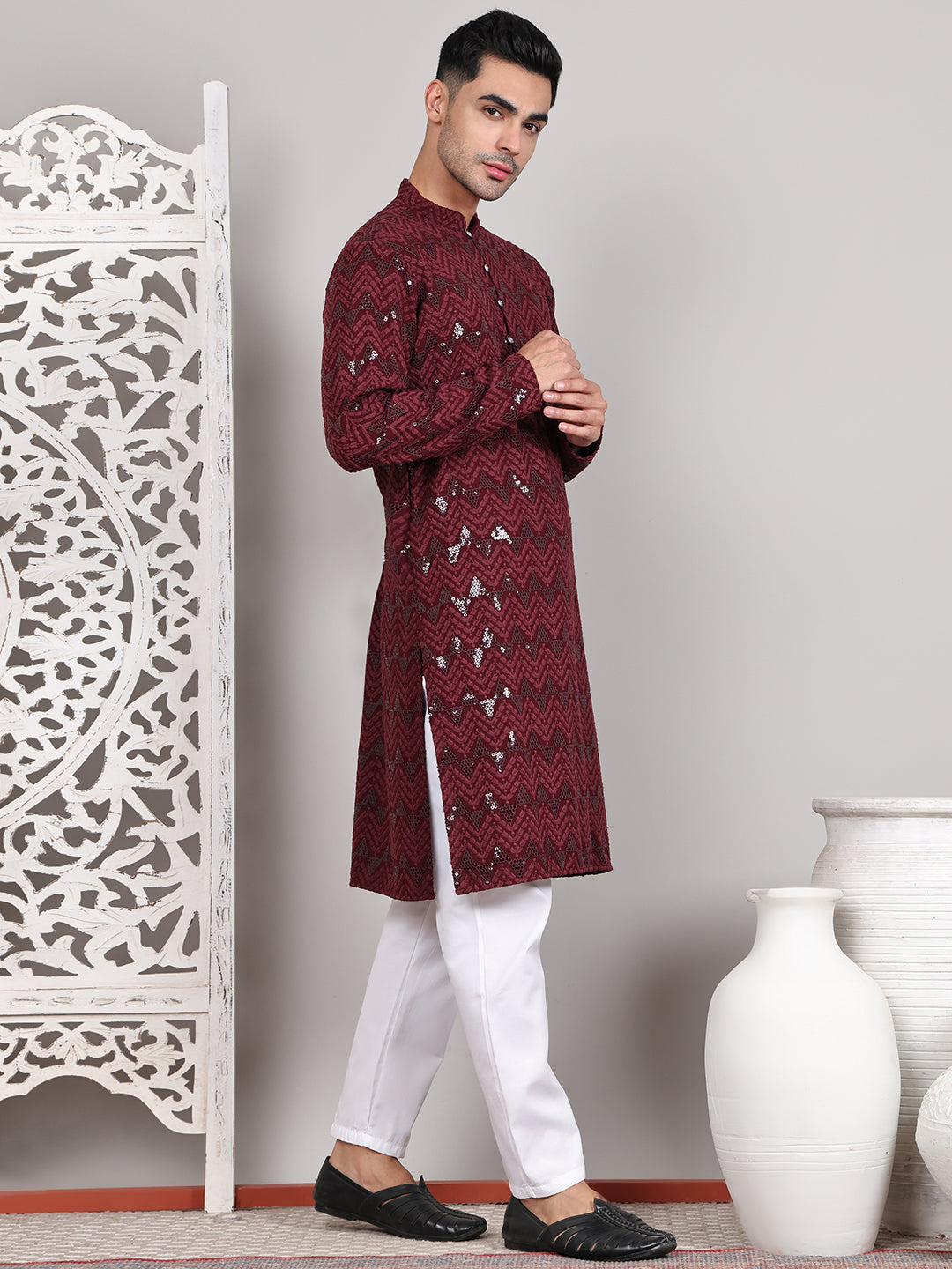 Sequin & Embroidered Kurta with Pyjamas ( JOKP P 5107Wine ) [FF] [N-1]