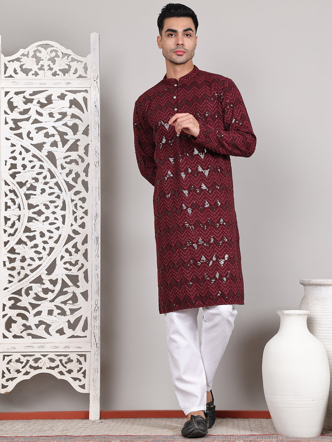 Sequin & Embroidered Kurta with Pyjamas ( JOKP P 5107Wine ) [FF] [N-1]
