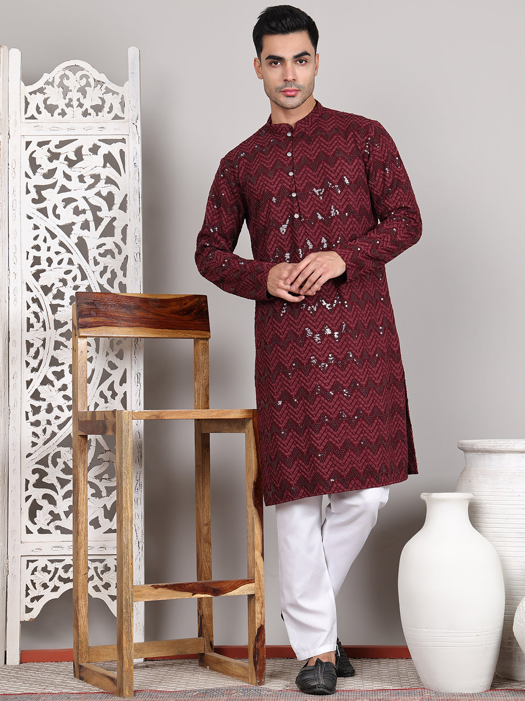 Sequin & Embroidered Kurta with Pyjamas ( JOKP P 5107Wine ) [FF] [N-1]