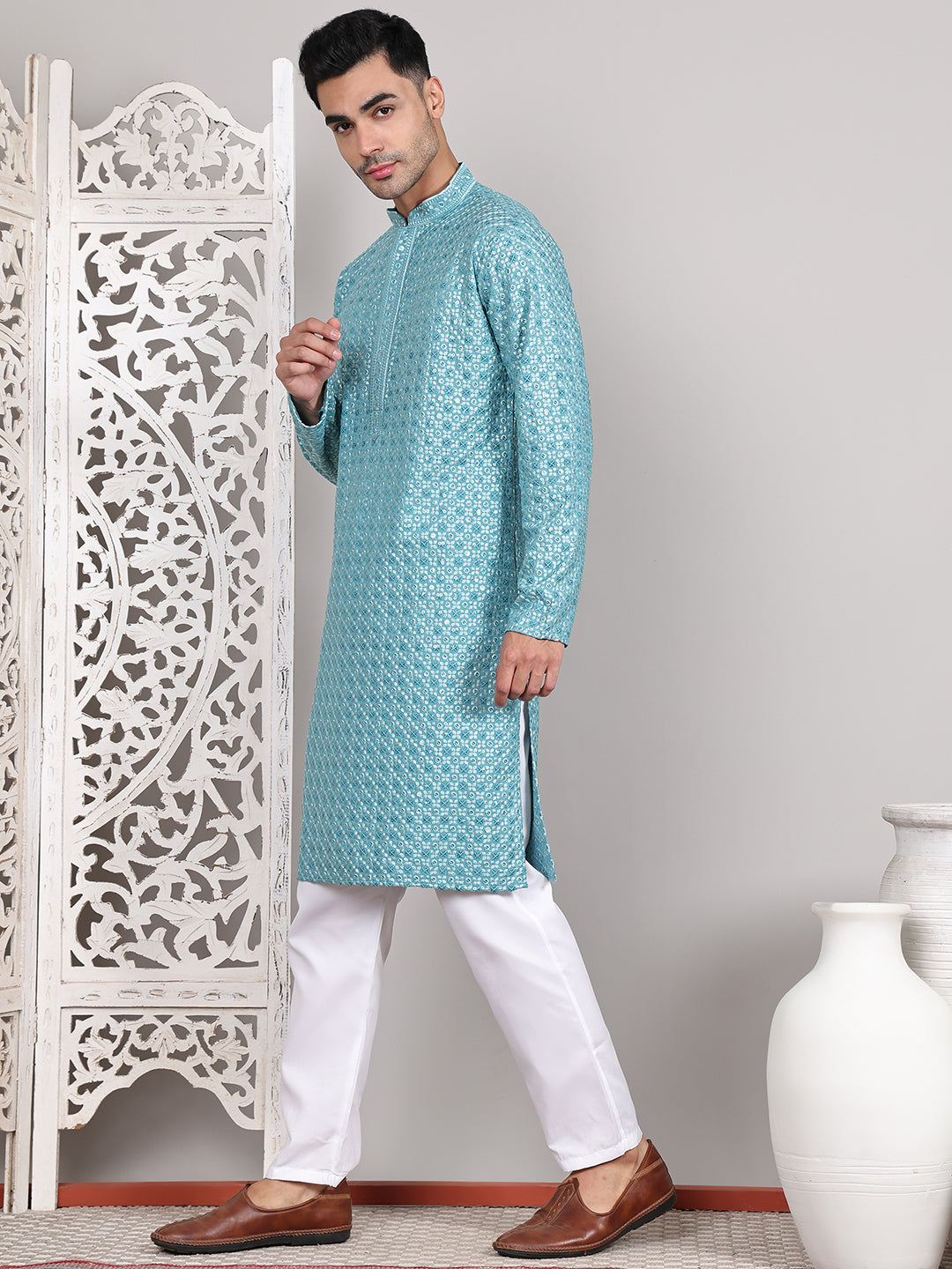 Viscose Sequins and Embroidered Kurta Set for Men ( JOKP P 5108Blue ) [FF] [I-1-4]