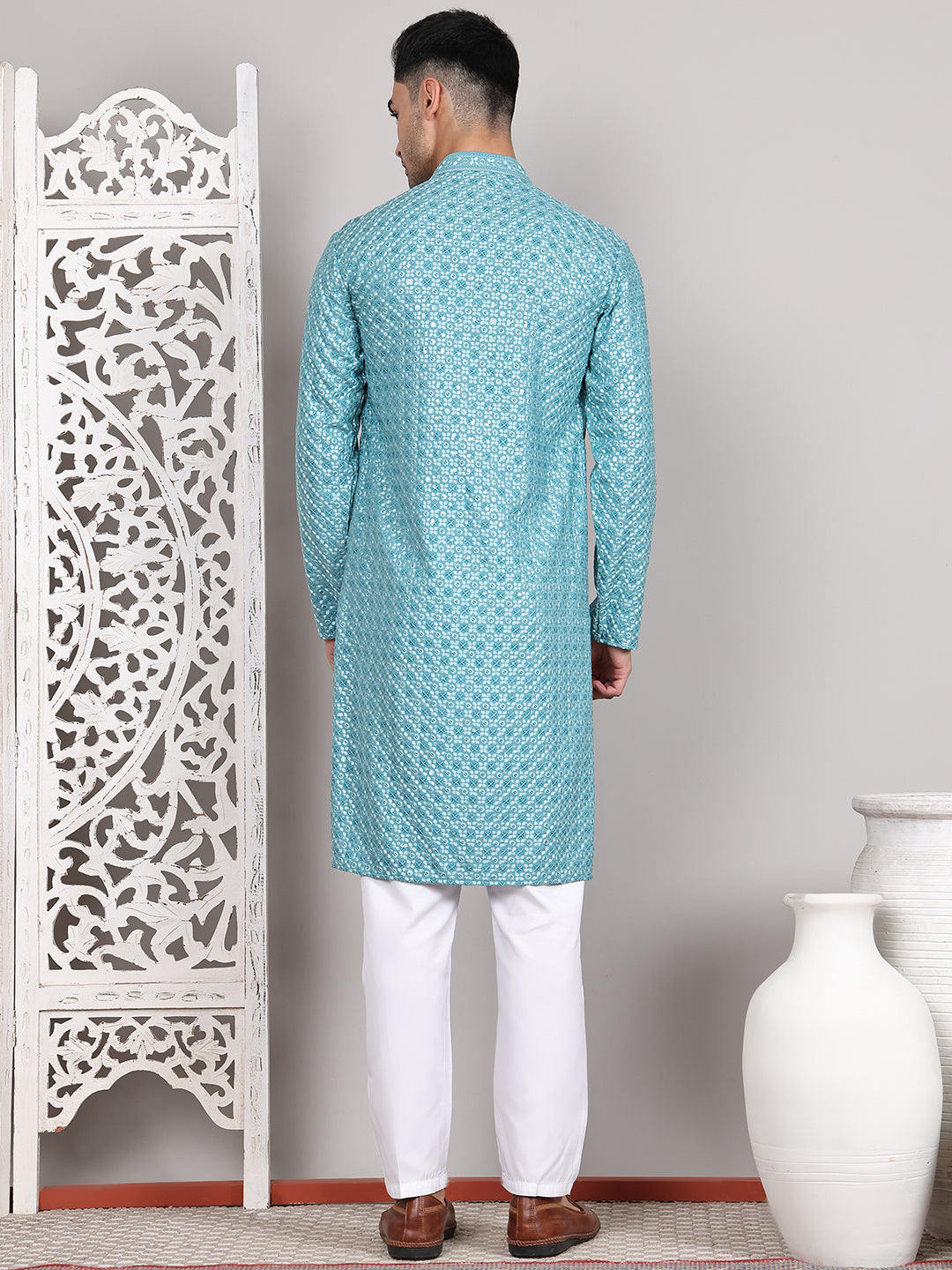 Viscose Sequins and Embroidered Kurta Set for Men ( JOKP P 5108Blue ) [FF] [I-1-4]