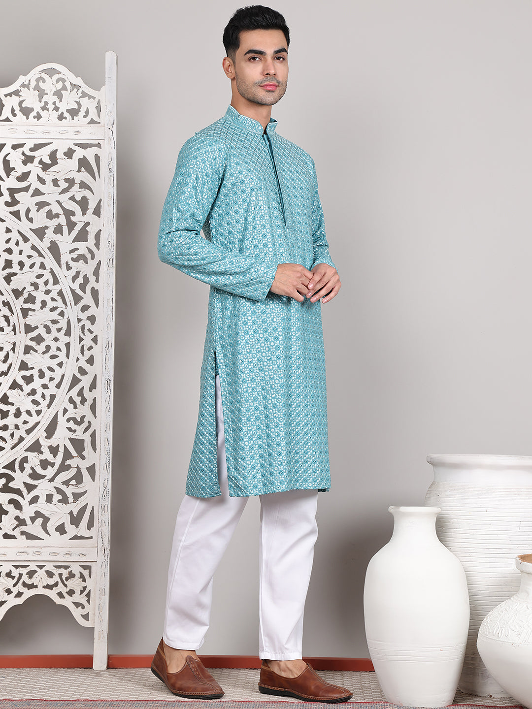 Viscose Sequins and Embroidered Kurta Set for Men ( JOKP P 5108Blue ) [FF] [I-1-4]