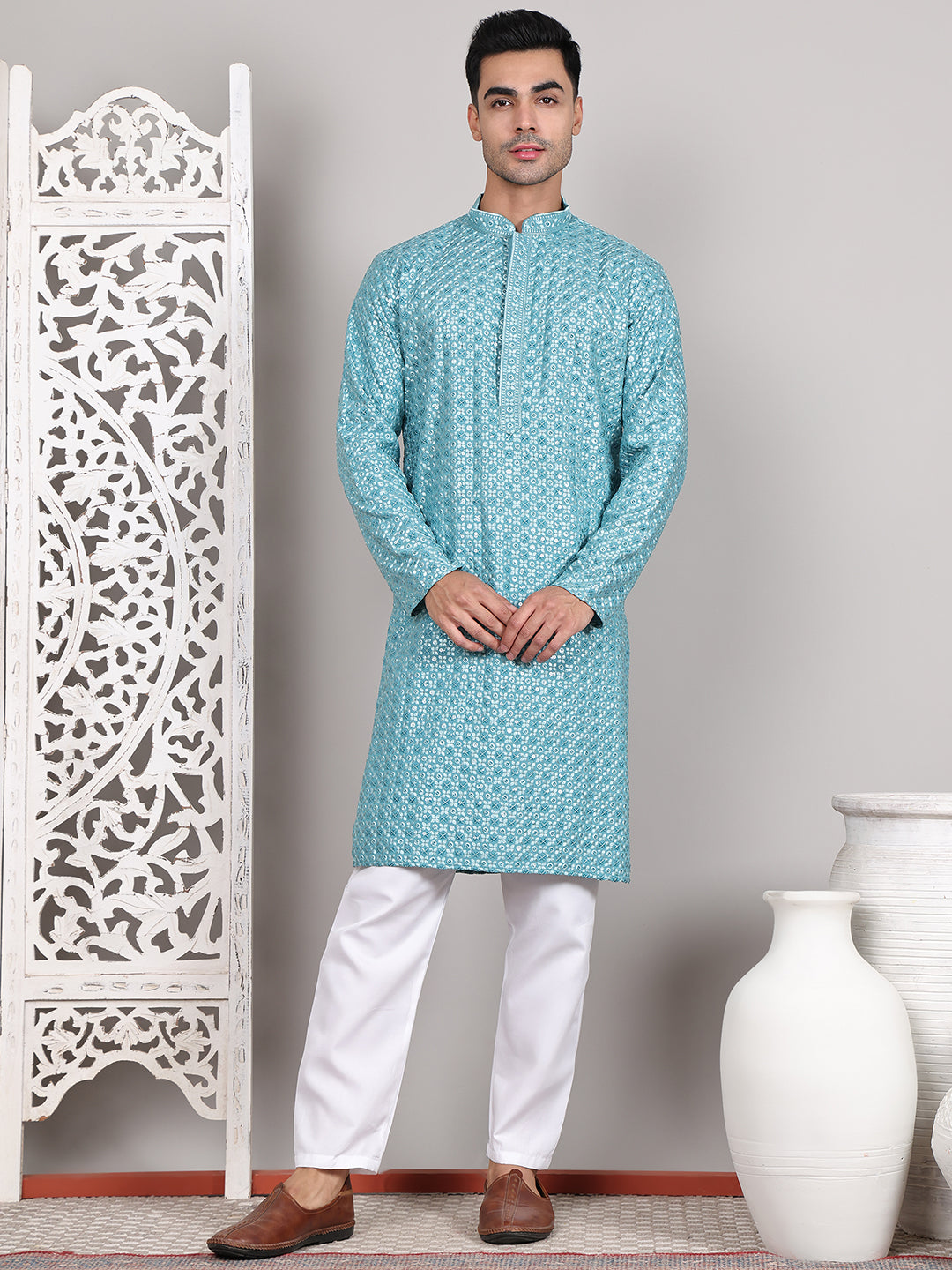 Viscose Sequins and Embroidered Kurta Set for Men ( JOKP P 5108Blue ) [FF] [I-1-4]