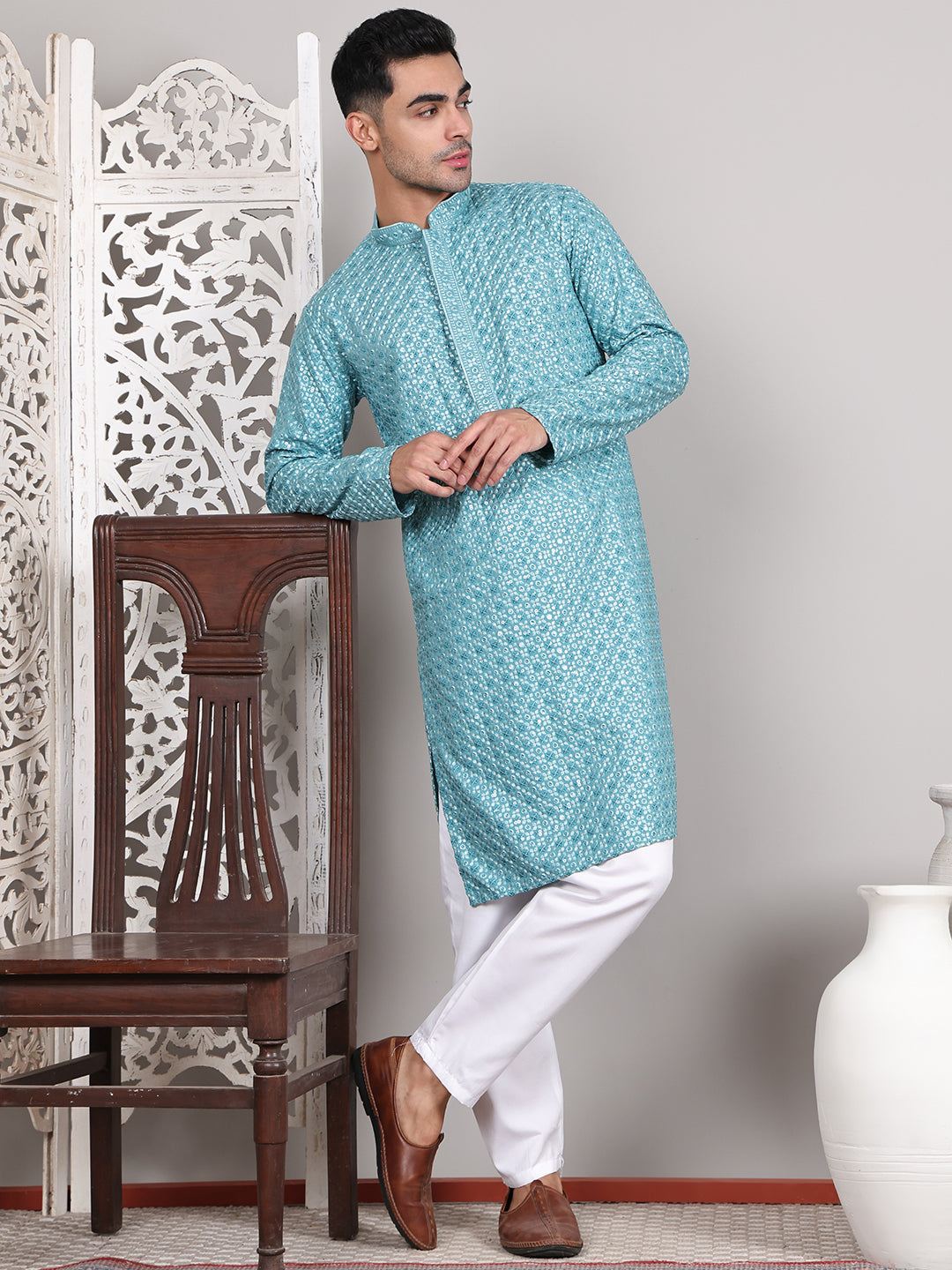 Viscose Sequins and Embroidered Kurta Set for Men ( JOKP P 5108Blue ) [FF] [I-1-4]