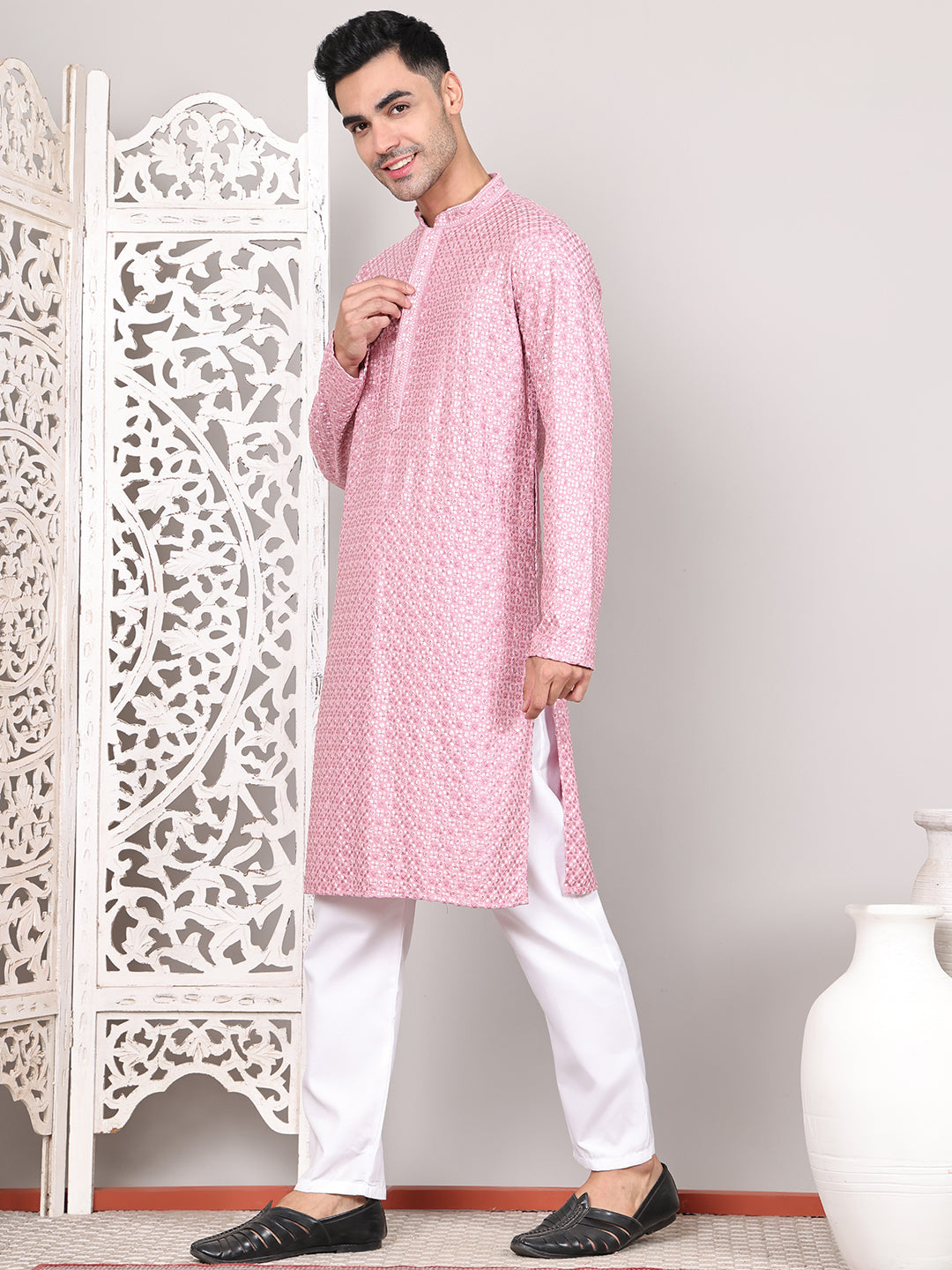 Viscose Sequins and Embroidered Kurta Set for Men ( JOKP P 5108Magenta ) [FF] [I-1-4]