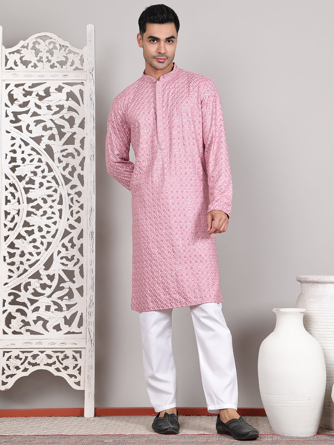 Viscose Sequins and Embroidered Kurta Set for Men ( JOKP P 5108Magenta ) [FF] [I-1-4]