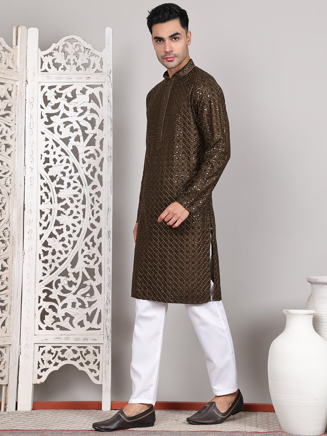 Viscose Sequins and Embroidered Kurta Set for Men ( JOKP P 5108Mehndi ) [FF] [I-1-4]