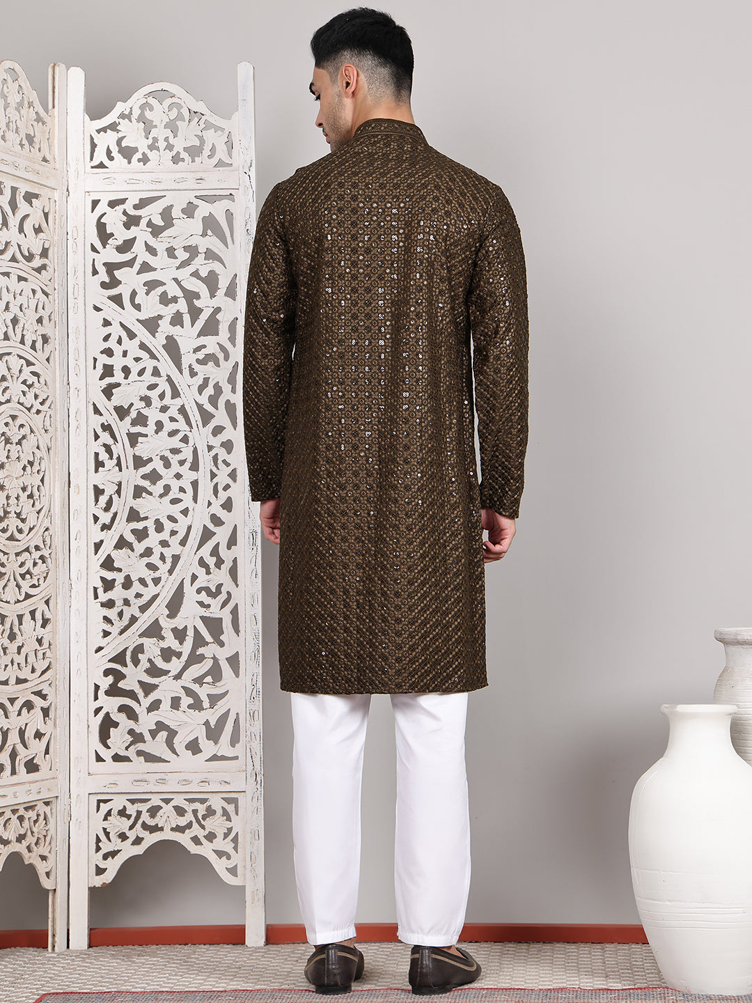 Viscose Sequins and Embroidered Kurta Set for Men ( JOKP P 5108Mehndi ) [FF] [I-1-4]